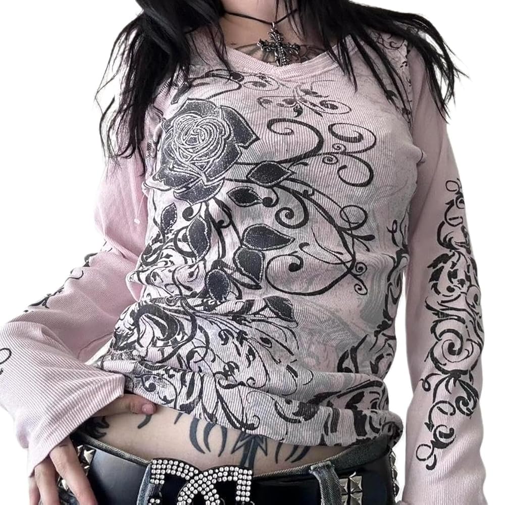 トップス Y2K fairy grunge scull border T-shirt Women Y2K Fairy Grunge Short Sleeve Shirt Top Vintage Skull