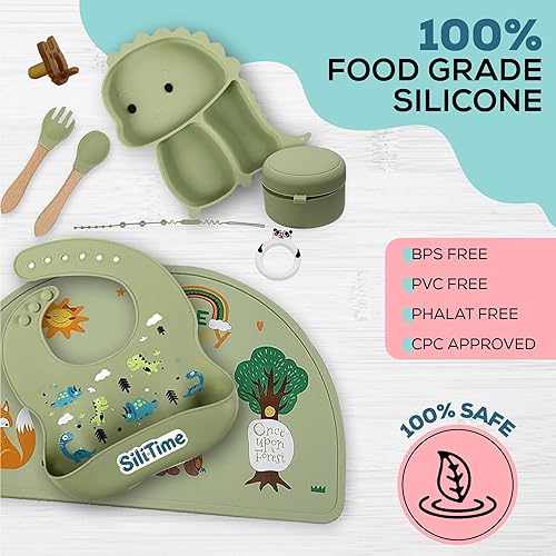 Miniatura 4 de SiliTime - Juego de alimentación de bebé de silicona con temática de dinosaurios, tapete de succión con receptor de alimentos y chupete, 8 piezas