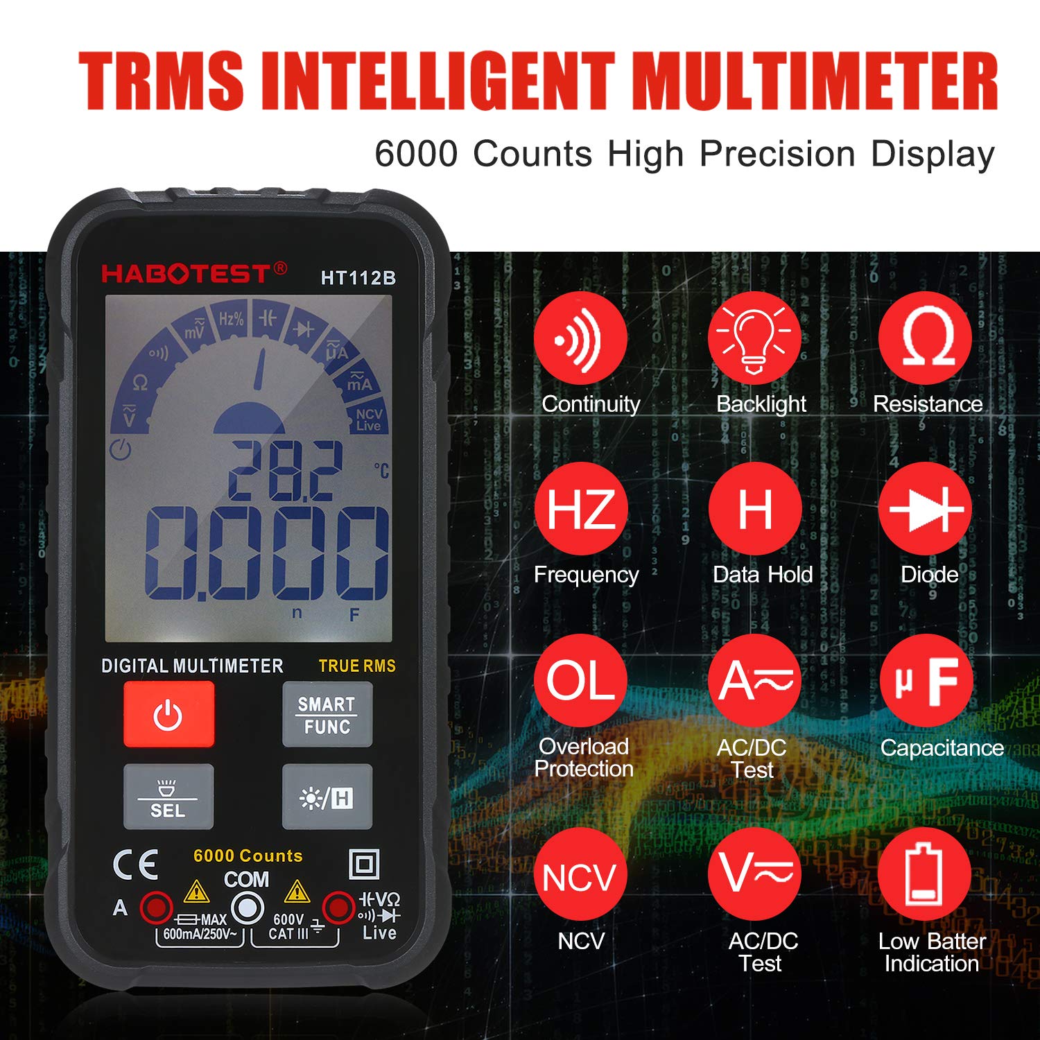 ALLmeter Multimètre Automatique Intelligent TRMS 6000 Comptes - Écran Couleur Rechargeable USB