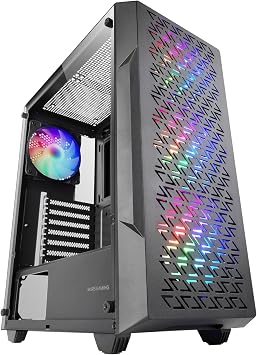 Mars Gaming MC-GEO, ATX Gaming Case, 4X 12cm FRGB Rainbow Fans, Geometric Mesh Front Panel, Tempered Glass Side Window, Dual-Chamber Mid-Tower PC, Liquid Cooling Support, Black