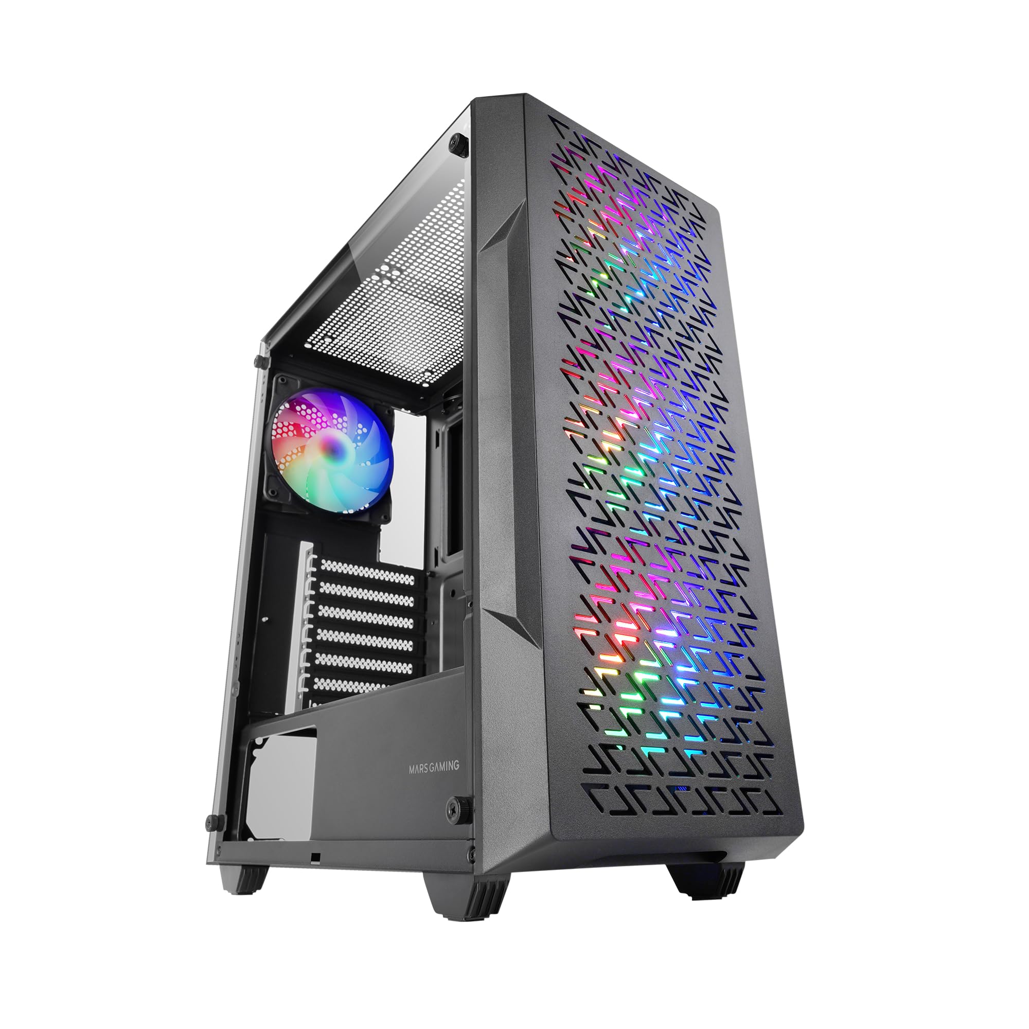 MARSGAMING MC-GEO, Case Gaming ATX, 4x Ventole FRGB Rainbow 12cm, Pannello Frontale Mesh Geometrico, Finestra Laterale Vetro Temperato, Semitorre Doppia Camera, Supporto Raffreddamento Liquido, Nero