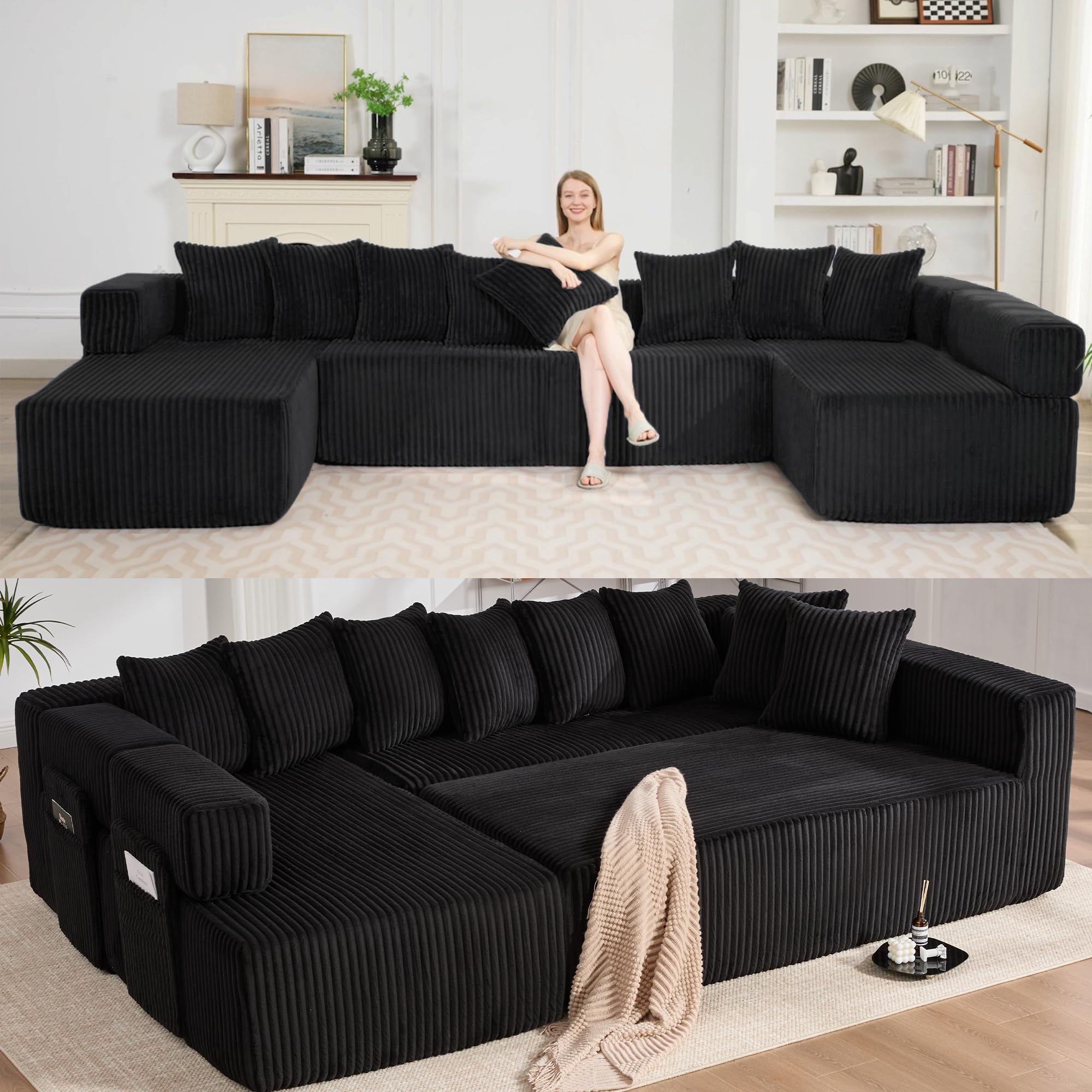 Oversized Cloud Boneless Couch with Chaise, 146" Modern U Shape Modular Deep Seat Sectional Sofa, Comfy Corduroy Upholstered Couches for Living Room, No Assembly Required-Black