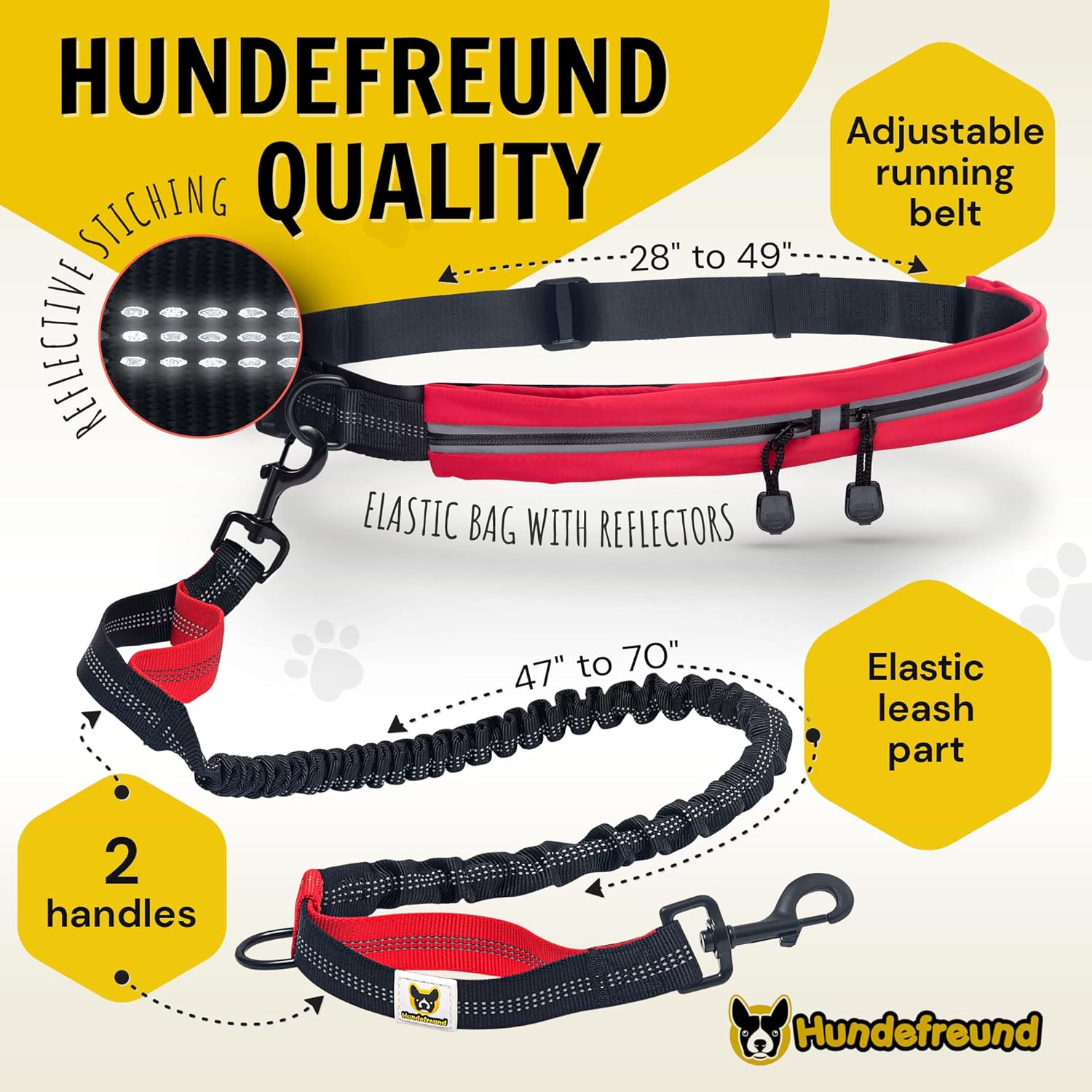 Hundefreund Hands-Free Dog Leash for Medium and Large Dogs (30-150 lbs) – Shock Absorbing Bungee Running Leash with Waist Belt, Dual Handle, Reflective Design for Training, Hiking & Walking (Red)