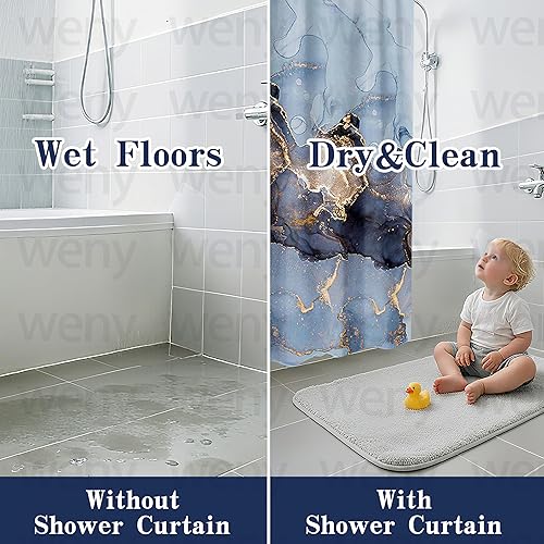 Miniatura 3 de Domoku Cortina de ducha de tela de mármol para decoración de baño, moderna, estándar de lujo, impermeable, lavable, 72 x 78, azul, azul cielo dorado