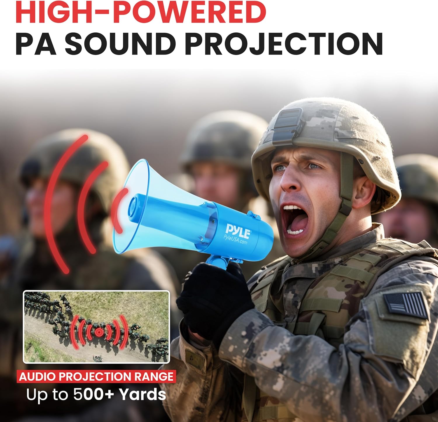 Pyle 30W Waterproof Megaphone Siren Bullhorn Speaker, Battery Portable Bullhorn for Indoor & Outdoor Use, 500 Square Yards Range,4 C Batteries Needed Record Siren/Music (Transparent Blue)