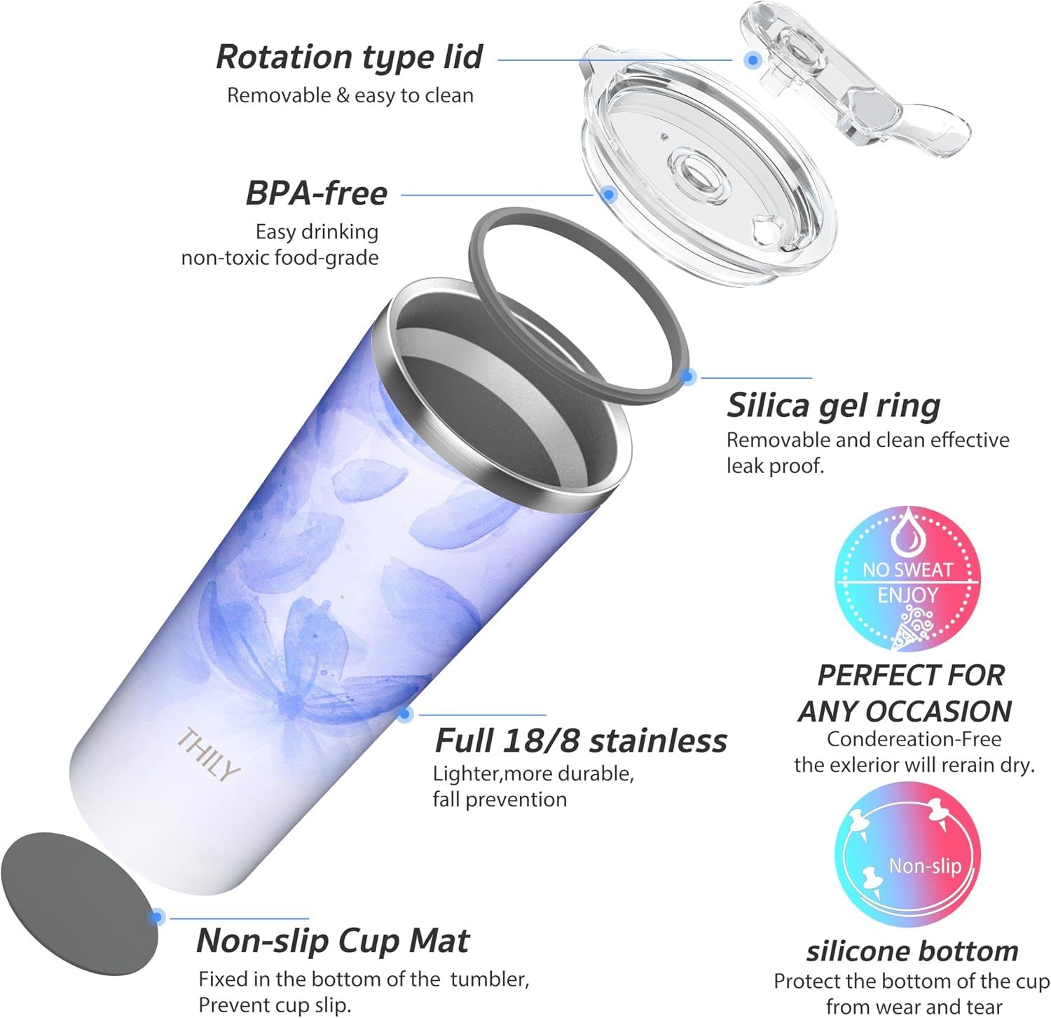 THILY Stainless Steel Vacuum Insulated Tumbler Travel Mug 26 oz Coffee Cup with 2 Lids and Straws, Splash Proof, Keep Ice Drinks Cold, Violet Leaves image 4