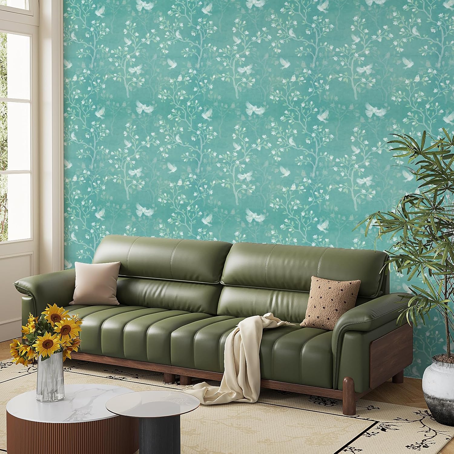 VaryStyle 17.7"x118" Teal Green Floral Wallpaper Turquoise Magnolia Tree Bird Floral Peel and Stick Wallpaper Green Forest Contact Paper for Cabinets Self Adhesive Removable Vinyl for Bathroom Bedroom