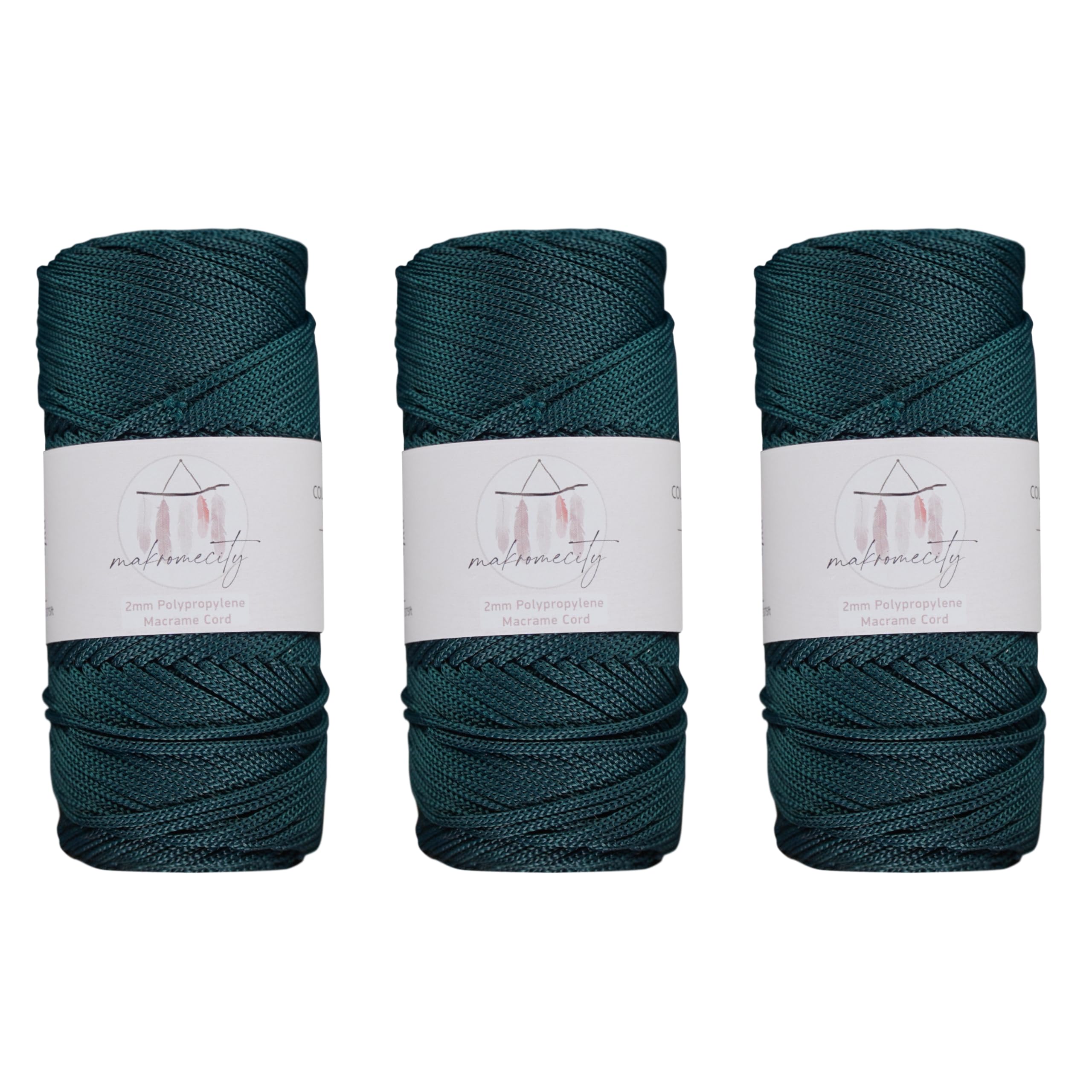 Makromecity, Polyester-Makramee-Schnur, 2 mm x 342,9 m, 3 Knäuel mit 2 mm Polypropylen, Waldgrün, Makramee-Schnur, Häkeln, Makramee-Tasche, Kordel, Basteln für Wandbehänge, Taschen, Unterteller,