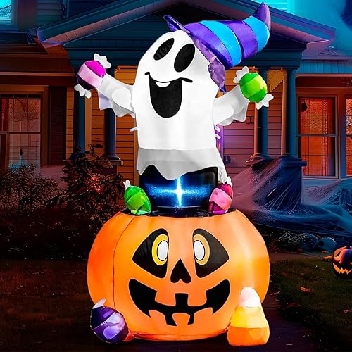 Joiedomi Fantasma inflable de Halloween de 5 pies de alto para decoración al aire libre, fantasma inflable de caramelo en calabaza con luces LED,