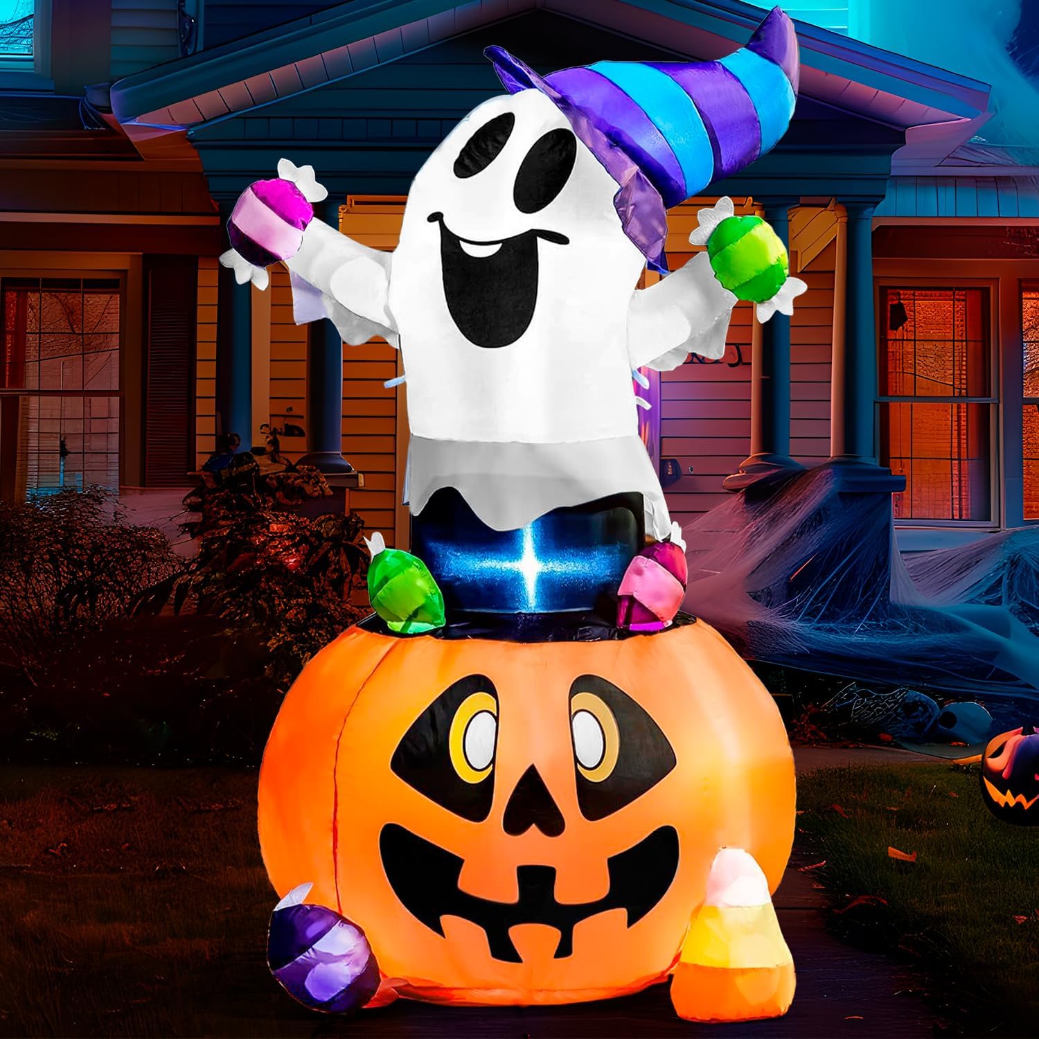 Joiedomi 5 FT Tall Halloween Inflatable Ghost Outdoor Decor, Blow Up Ghost Gripping Candy on Pumpkin with LED Lights, Halloween Yard Decoration for Garden