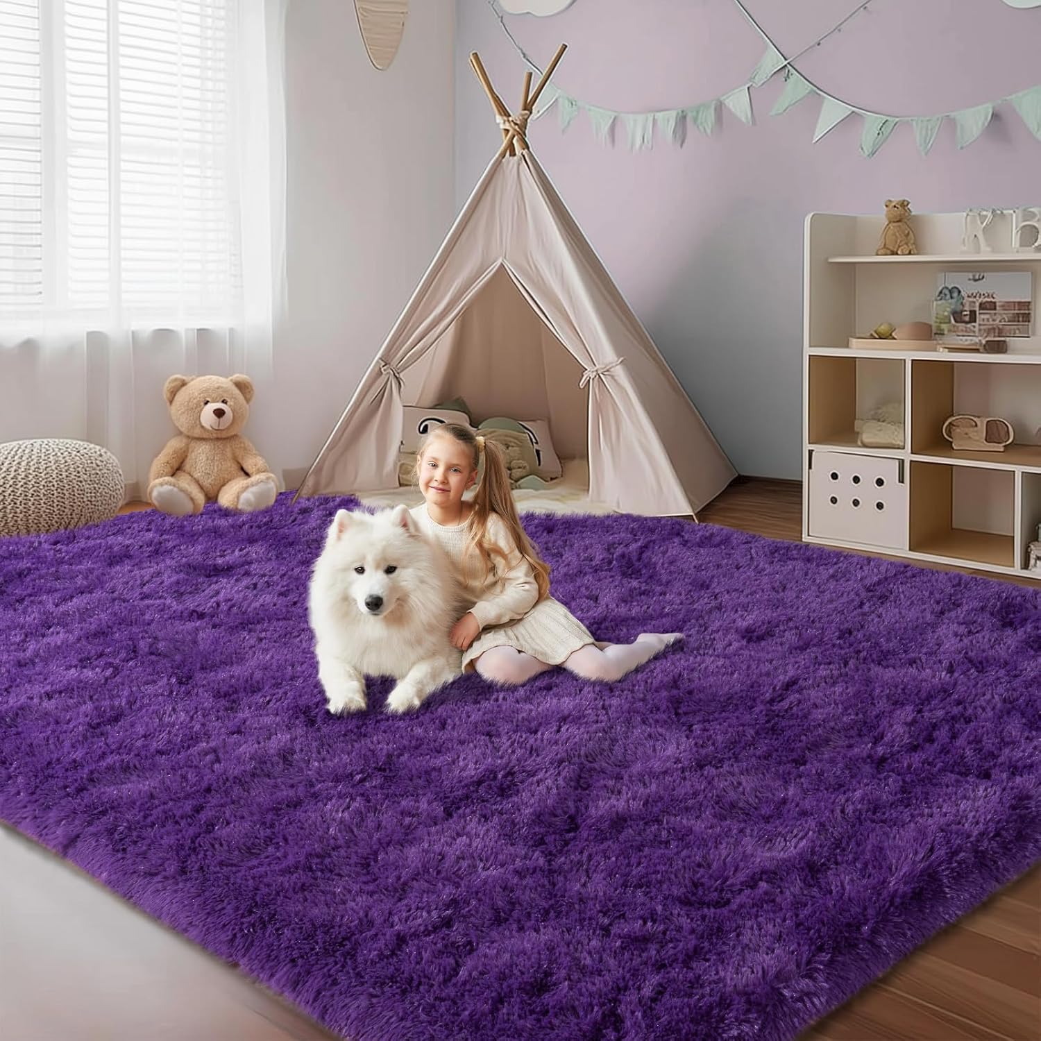 Fluffy Rugs for Bedroom Living Room, 4x6 Feet Purple Shag Area Rug, Soft & Non-Slip Indoor Modern Fuzzy Plush Floor Carpet for Dorm Nursery Kids Room Decor