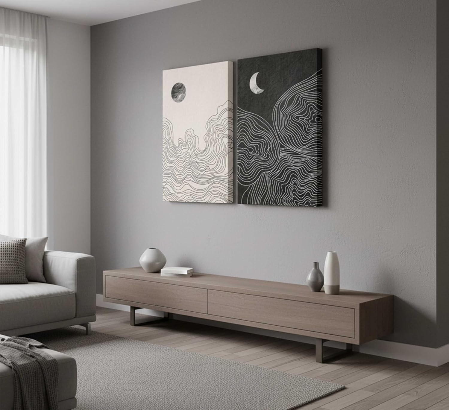 2 Pcs Modern Minimalist Boho Canvas Wall Art Neutral Black And White Abstract Sun And Moon Lines Paintings Pictures Wall Decor Poster Print Artwork for Living Room Bedroom Home Decoration