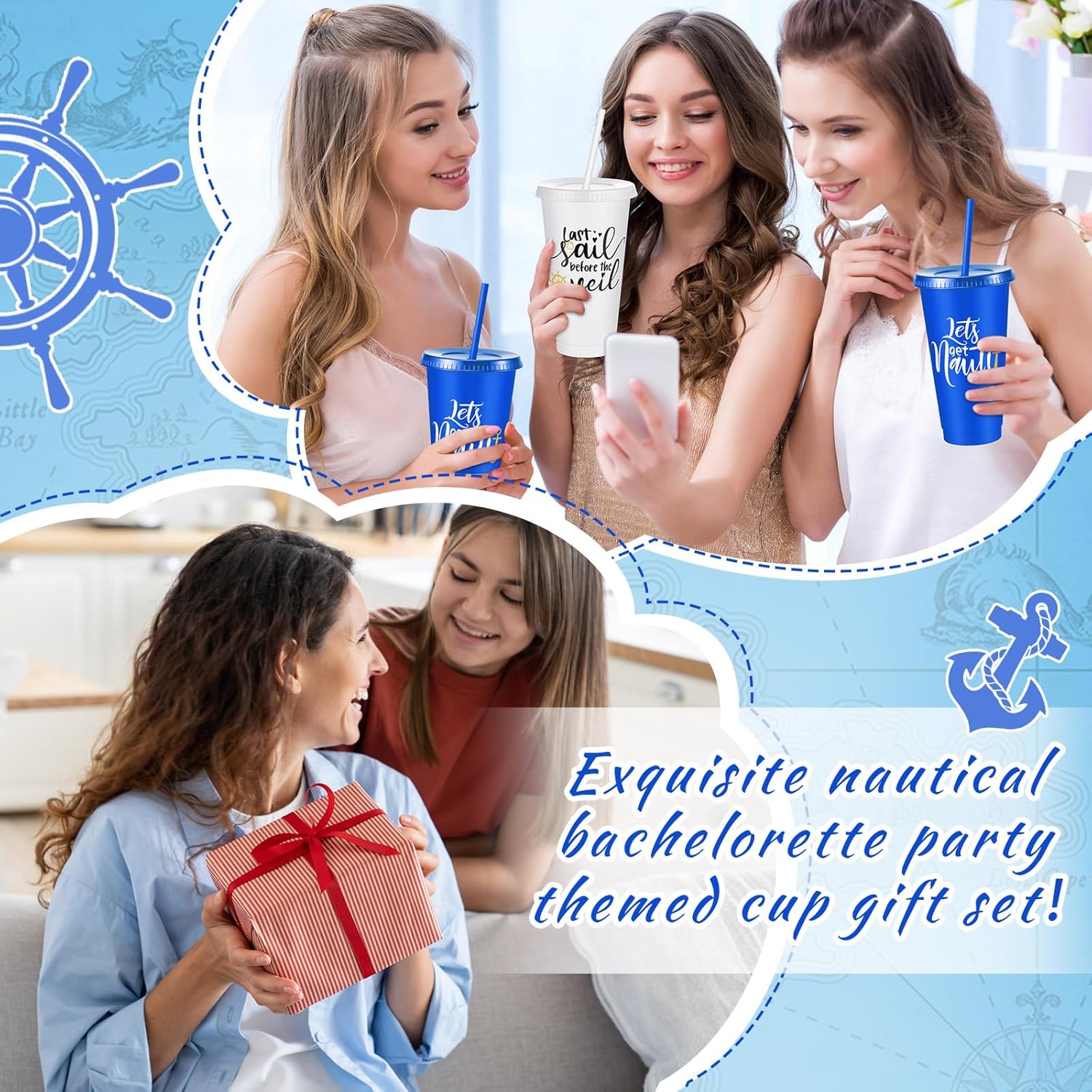 Skyley 16 Pcs Bridesmaid Cups with Lids and Straws 24 oz Bridesmaid Tumblers Plastic Bridal Cups Party Supplies for Wedding Gifts Decorations(Nautical)