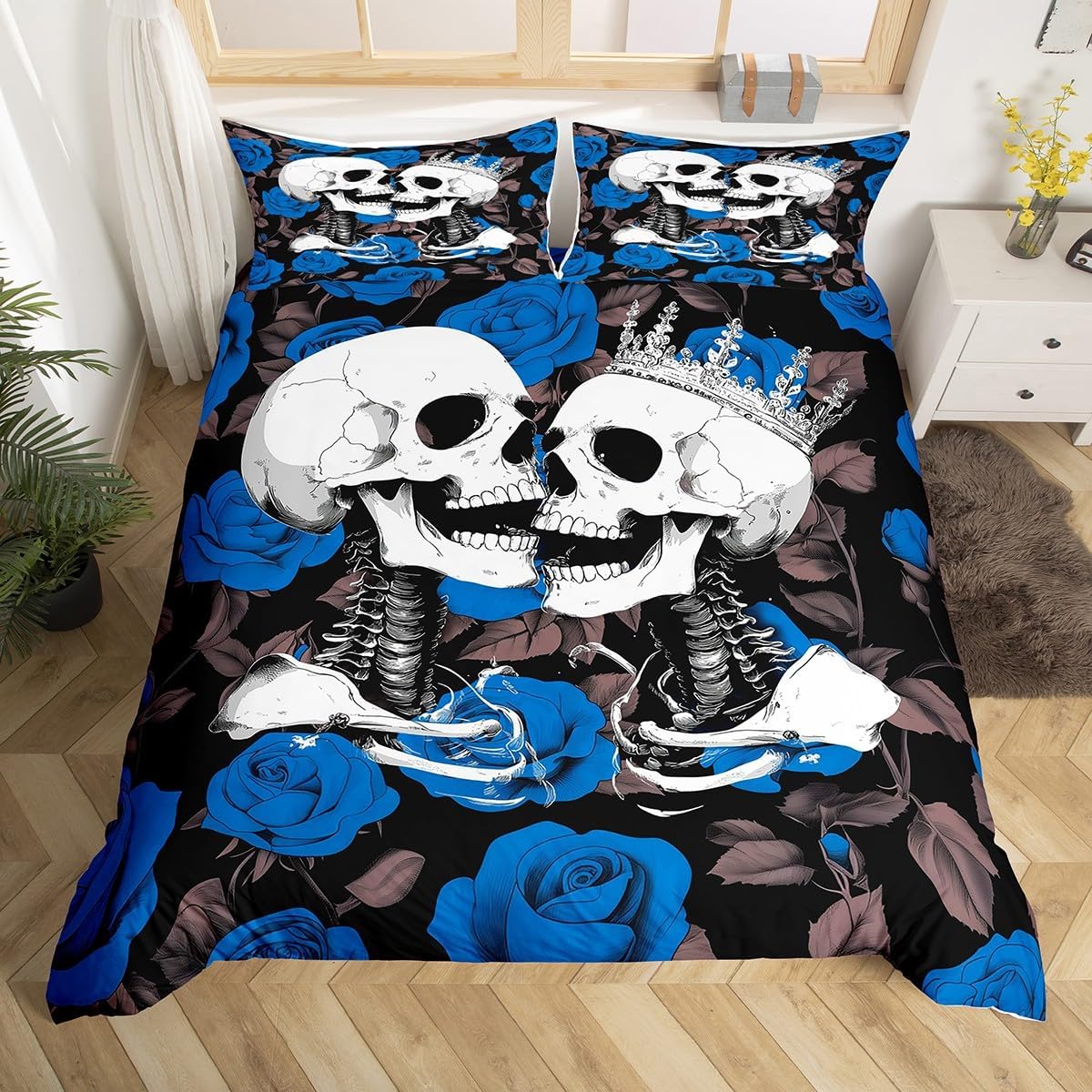 Skull Gothic Duvet Cover Set Toddler Size White Sugar Skeleton Bedding Set for Kids Girls Boys Teens Modern Fashion Simple Comforter Cover Rose Flower Print Quilt Cover,1 Pillowcase(No Comforter)