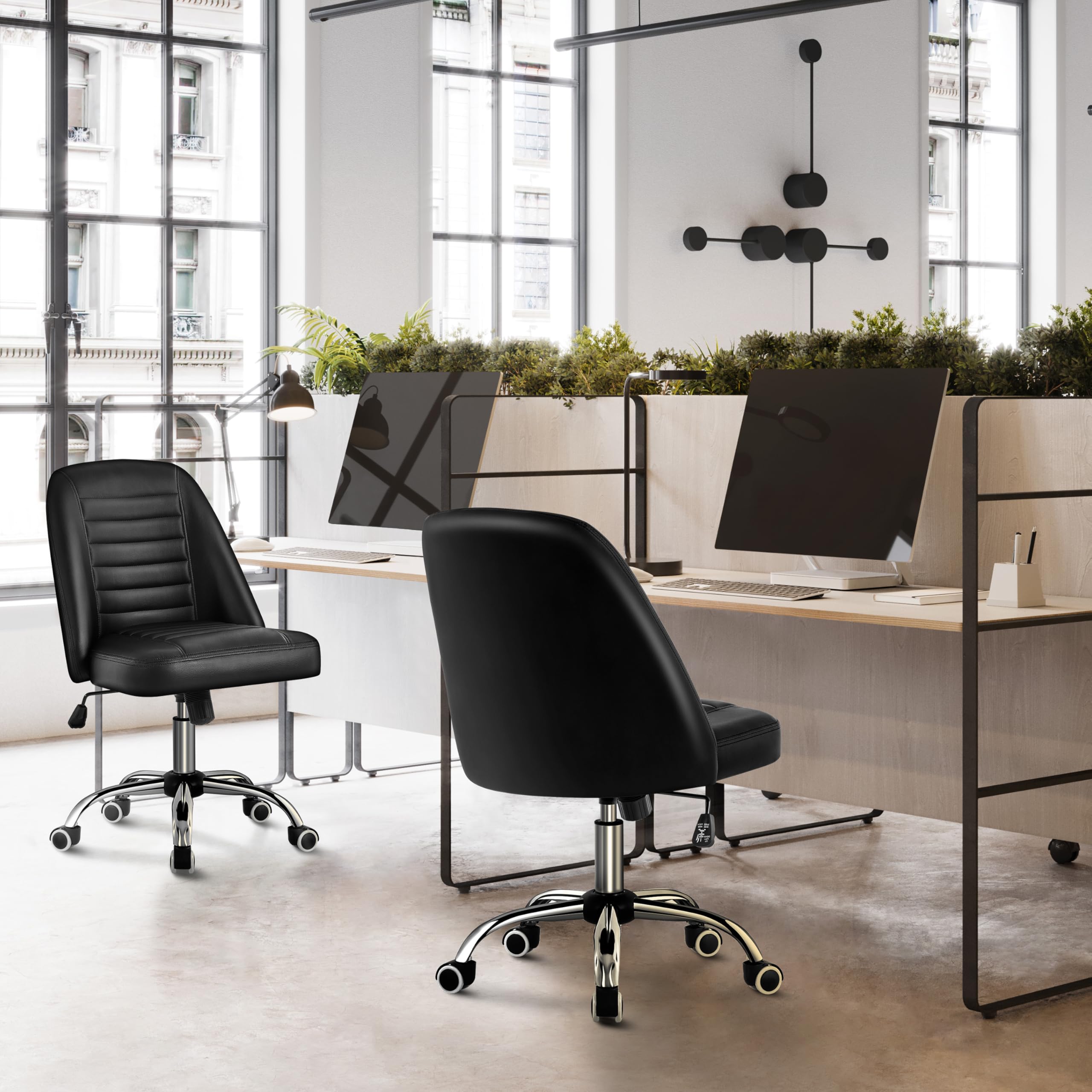 Yaheetech Bürostuhl ohne Armlehne Schreibtischstuhl Drehstuhl mit Rollen ergonomischer Schreibtischsessel höhenverstellbar Arbeitshocker Schminkstuhl Kunstleder Schwarz