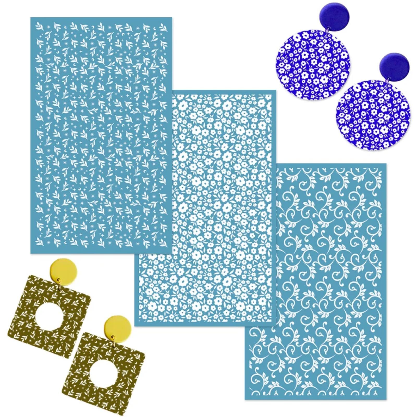 MANGOUSONG Screen Printing Kit,3Pcs 15x9cm Polymer Clay Silk Screen Stencils Reusable Silkscreen Print Kit for Printing Clay Stamps Jewelry Earrings Decoration Template Style A