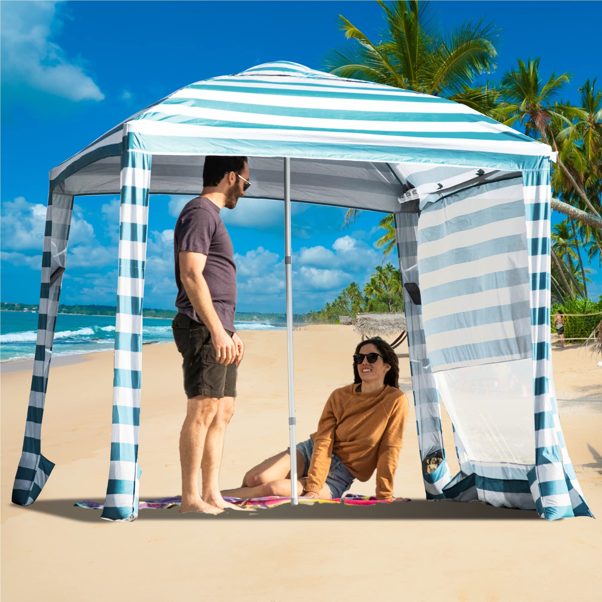 CROWN SHADES Cabana Shelter Sun Shade Tent (6.5x6.5, Turquoise Blue and White Stripes)