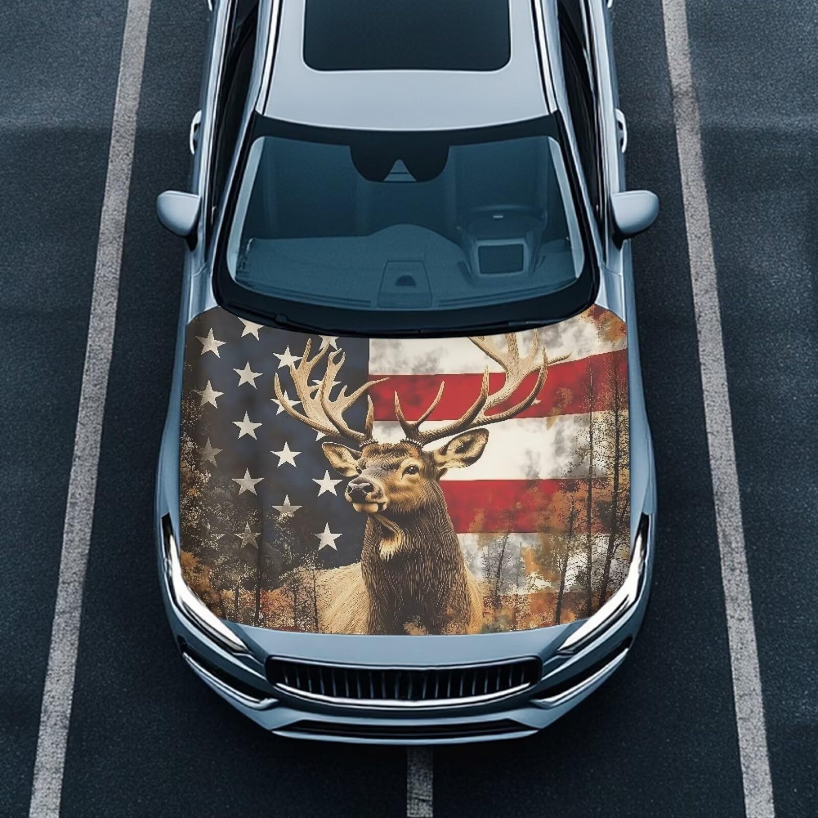 Car Snow Cover,A Waterproof,Windproof Half Car Cover for Winter Frost and Ice Removal-American Flag Deer