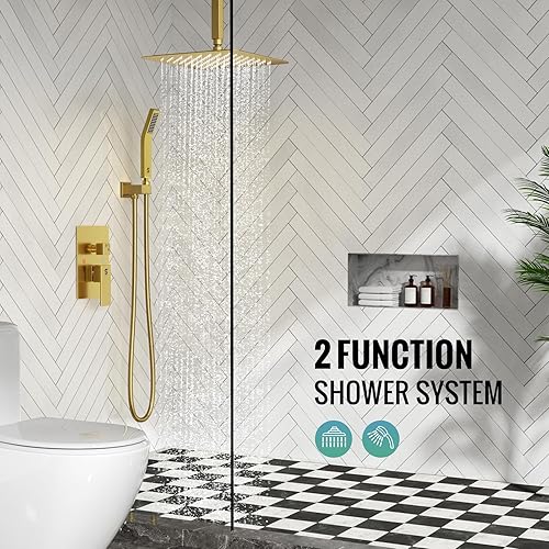 Miniatura 67 de SR SUN RISE Sistema de ducha montado en el techo de 12 pulgadas, mezclador de lluvia, sistema de cabezal de ducha de lluvia, dorado cepillado, Oro