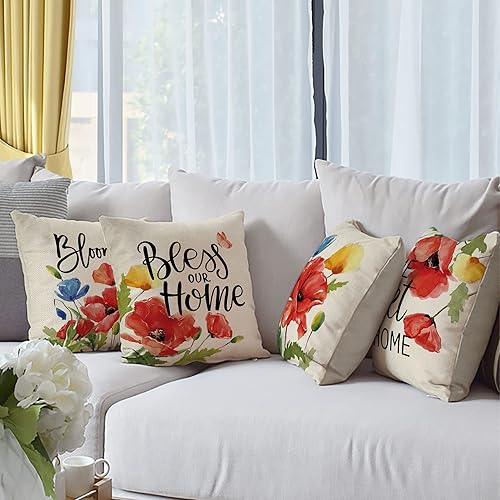 Miniatura 6 de Fahrendom Juego de 4 fundas de almohada decorativas de flores florales de 16 x 16 pulgadas, funda de cojín para sofá o sillón, primavera y verano,