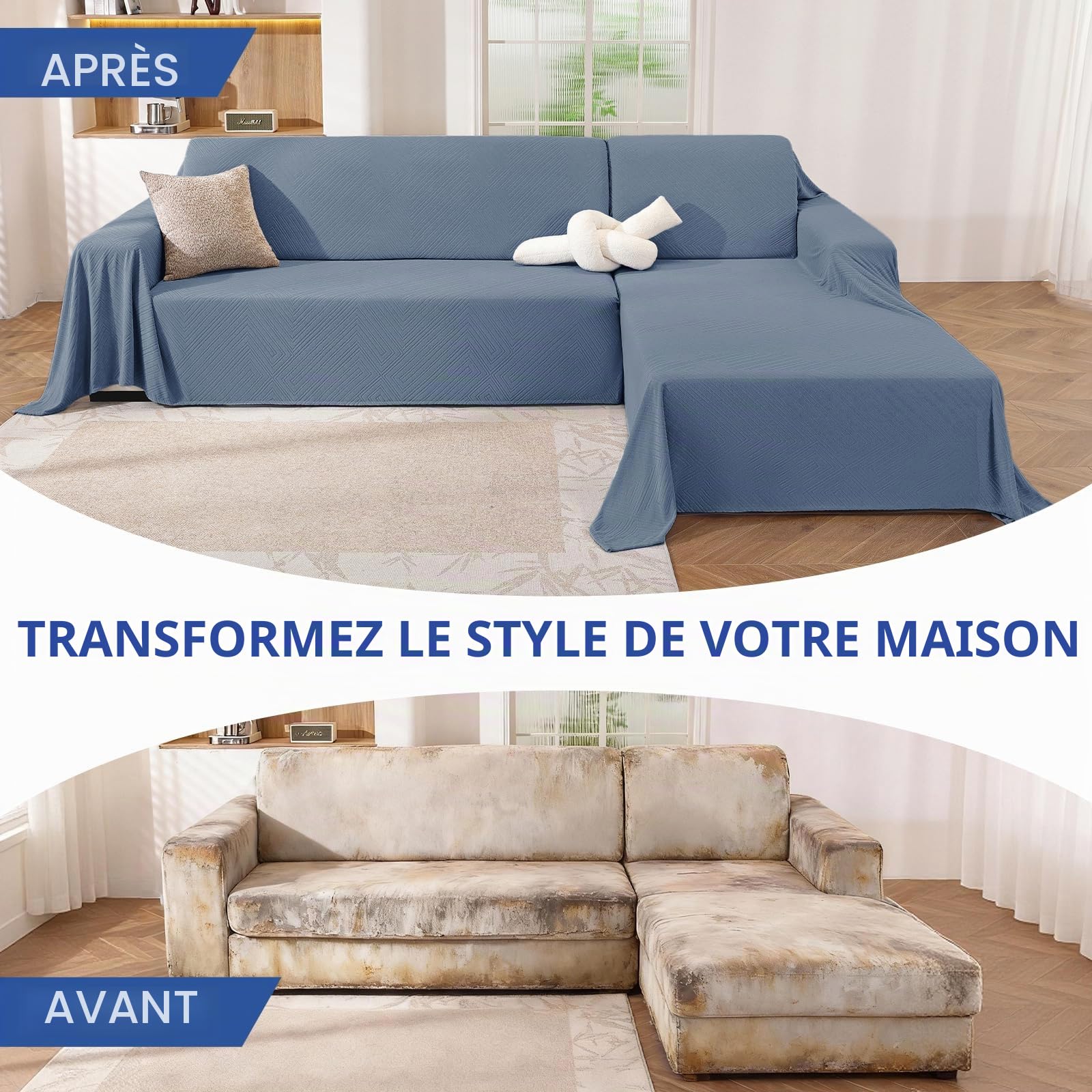 Ystyle Housse Canape d'angle 2 Pièces, Protection Canapé d'angle Antidérapante, Couverture Canape Angle Doux Universelle, Couvre Canapé Anti-Poussière, Bleu (200x280+200x300 CM)