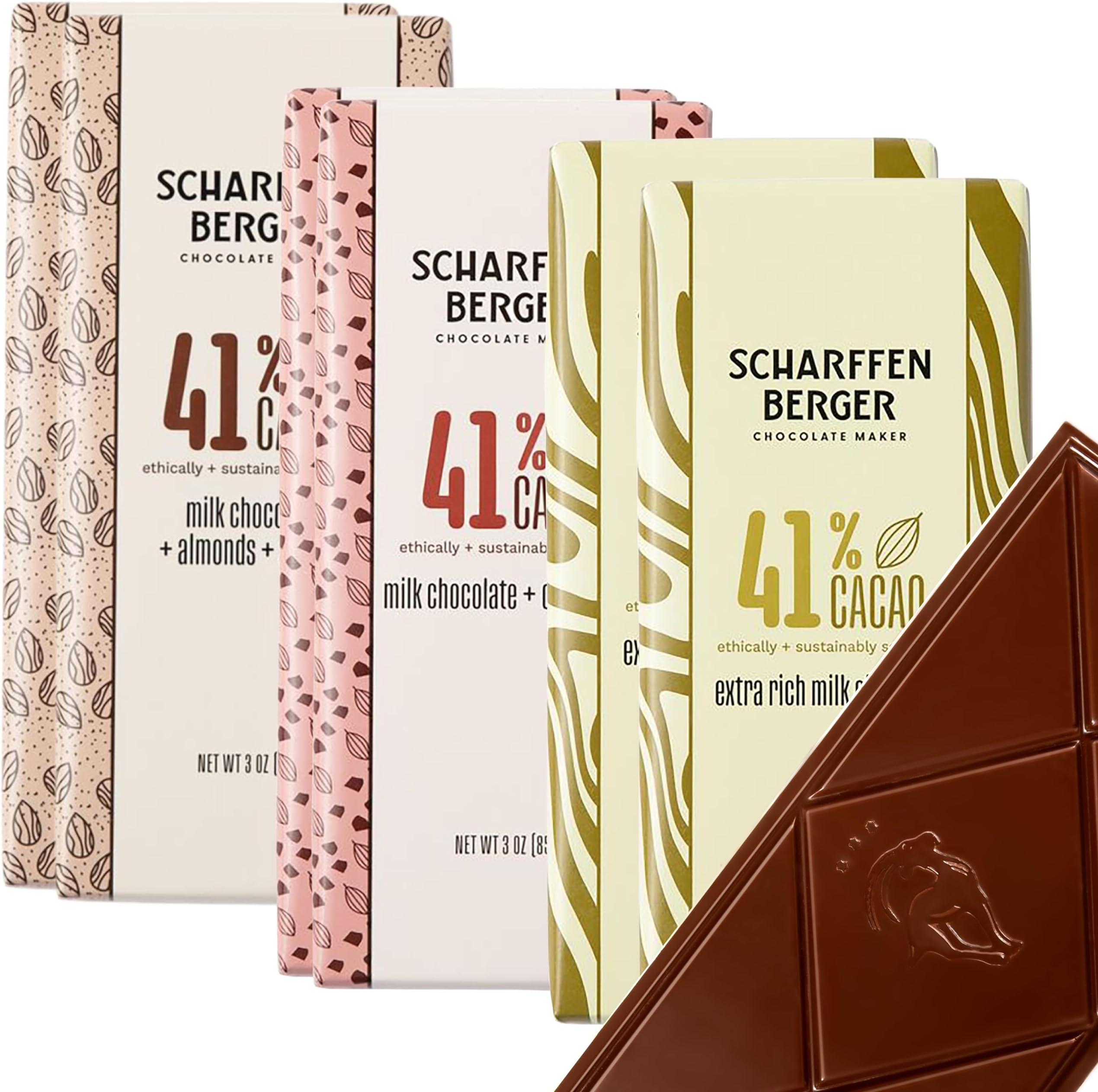 Scharffen Berger Chocolate Bar (3 Ounce, Pack of 6) - Milk Chocolate Bar Variety Pack, 41% Cacao, Gluten Free, Non GMO Natural Chocolate Bars, Individual Chocolate