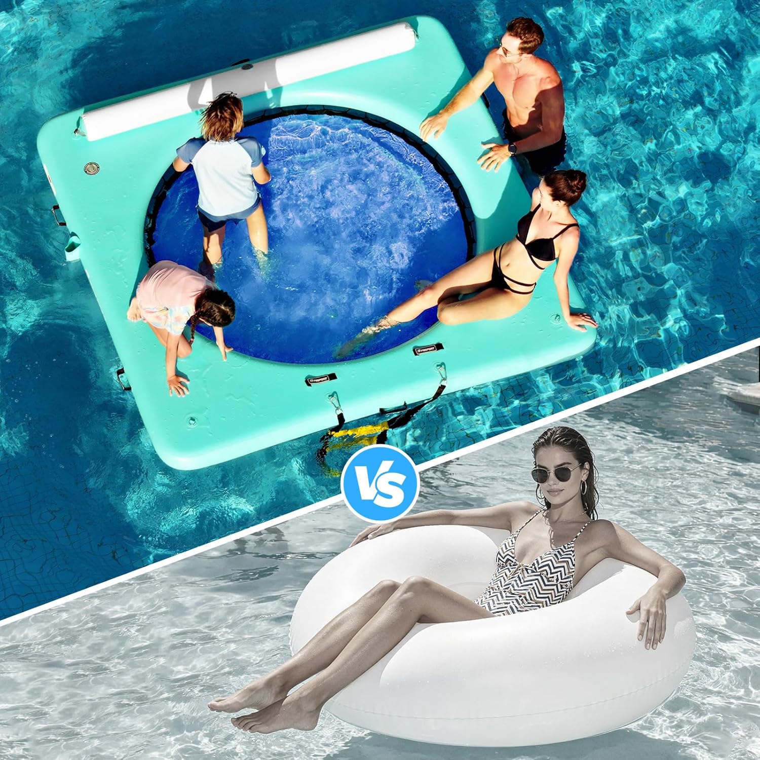 FBSPORT Inflatable Water Hammock Round Floating Ring, River Floats Lake Raft for Adults Sunchill Float Ring Tanning Pool Lounger Floating Dock Island for Pool Party w Ladder Cupholder