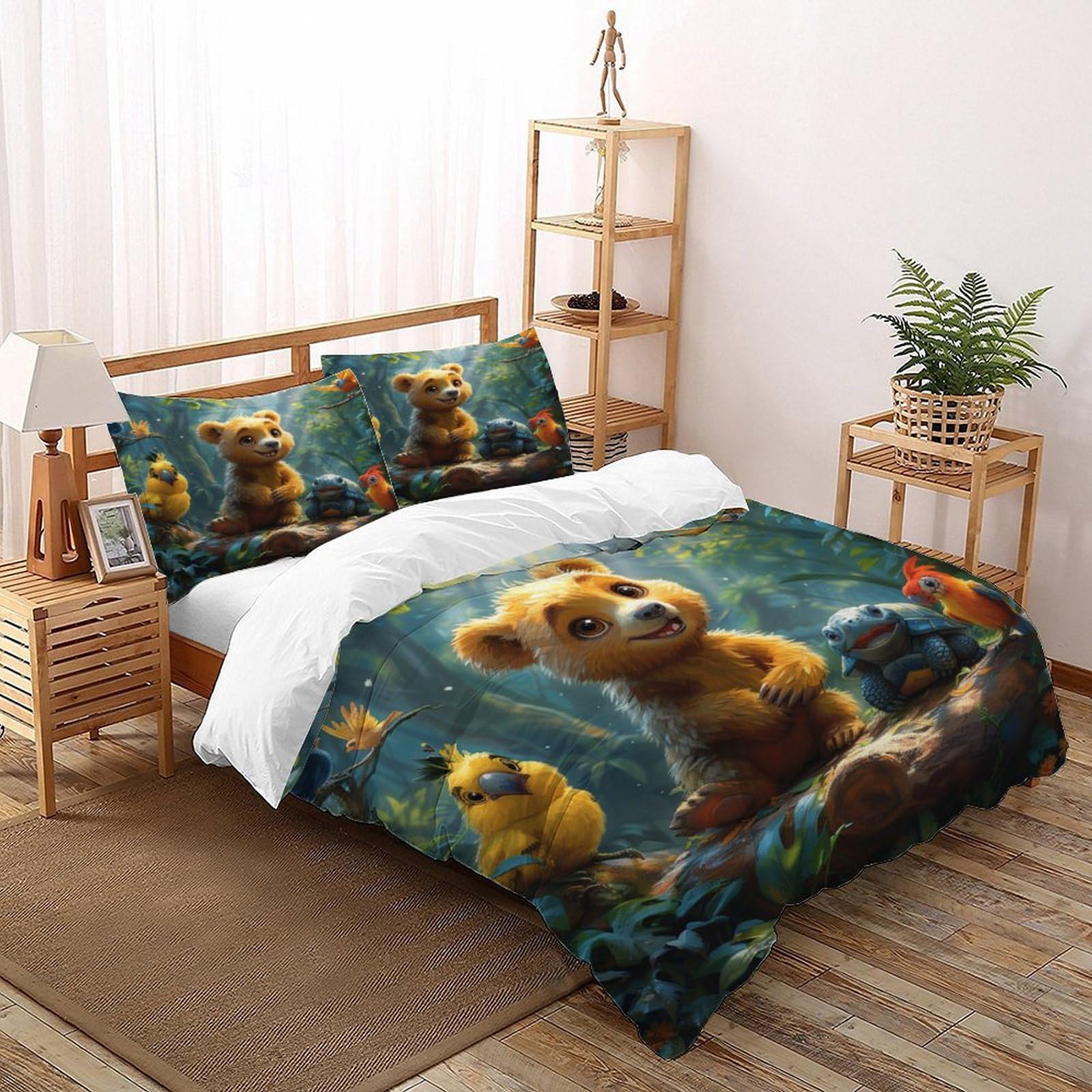 Parure de couette cartoon bear douce et résistante avec 2 taies d'oreiller pour lit 2 places