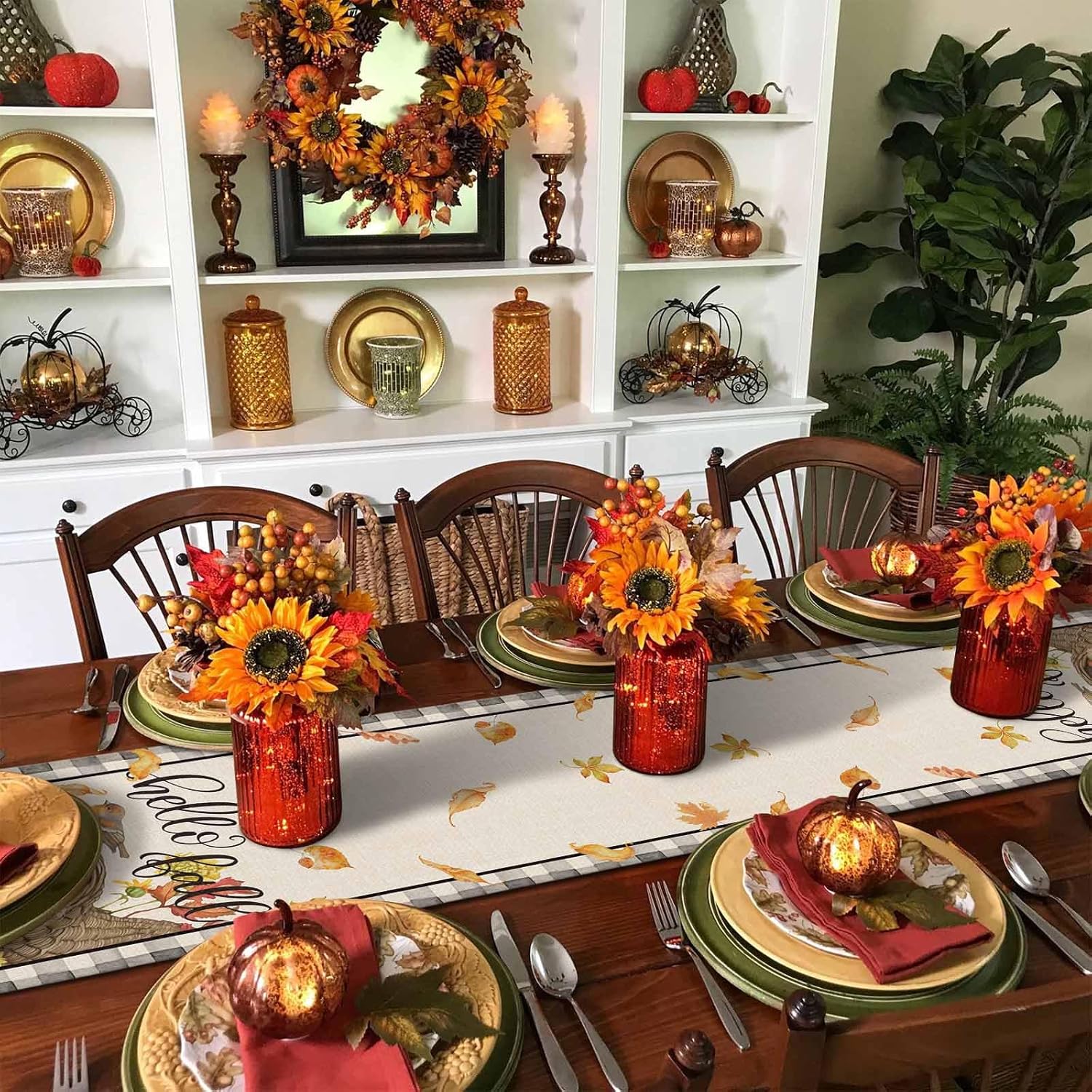 Fall Table Runner Squirrel Pumpkin Bird Thanksgiving Table Decoration for Kitchen Grapes Leaf Black Buffalo Plaid Seasonal Table Runner Decoration for Dining Kitchen Party 13x108 Inch