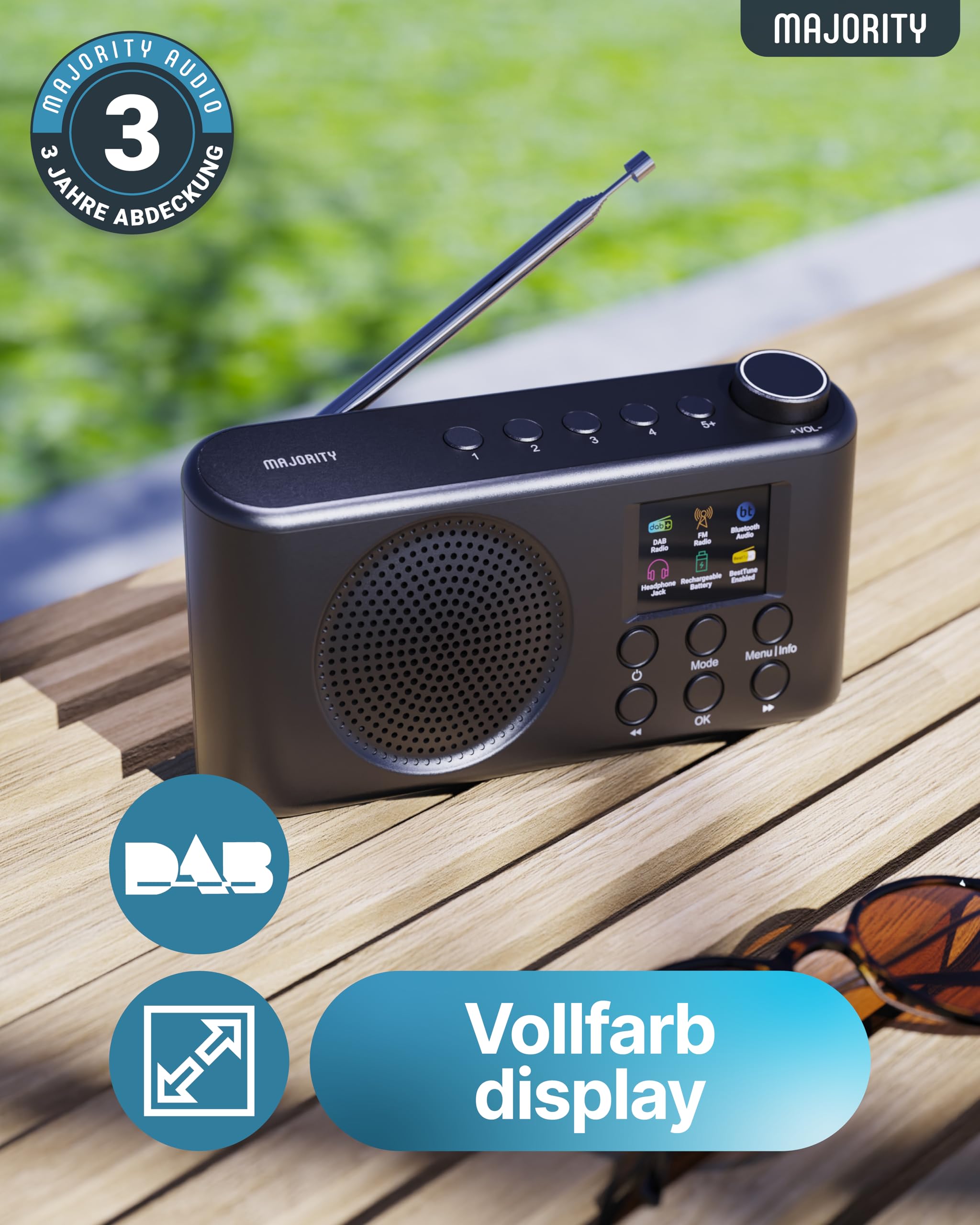 MAJORITY Orwell Pro DAB Plus Radio | Küchenradio DAB+ & UKW | Mini Radio mit Bluetooth 5.2 | Kofferradio Akku mit 15 Stunden Akkulaufzeit | Digitalradio mit 40 Voreinstellungen für Küche und Büro
