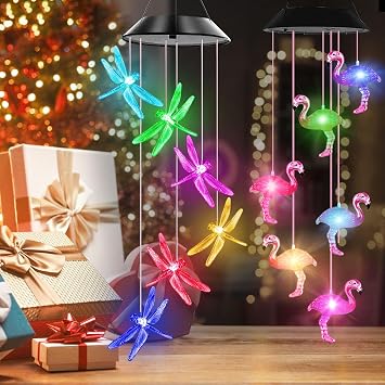 Gift for Women Flamingo and Dragonfly Solar Wind Chimes Outdoor Decor and Night Light Room Decor