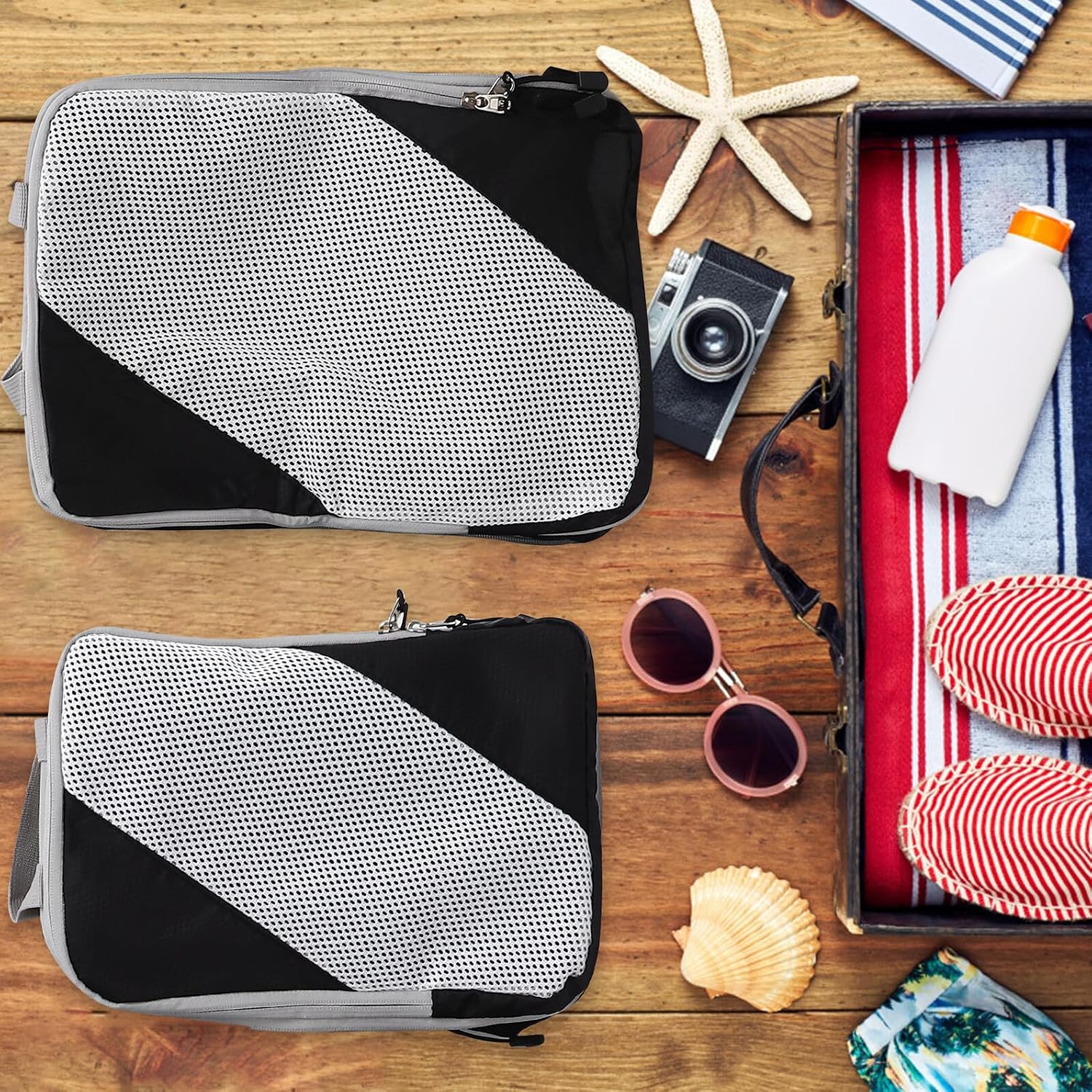 POPETPOP 6pcs Travel Packing Cubes Luggage Organizer Bags Set with Compression Function, Black Expandable Suitcase Storage Cubes for Business Trips and Travel Organization