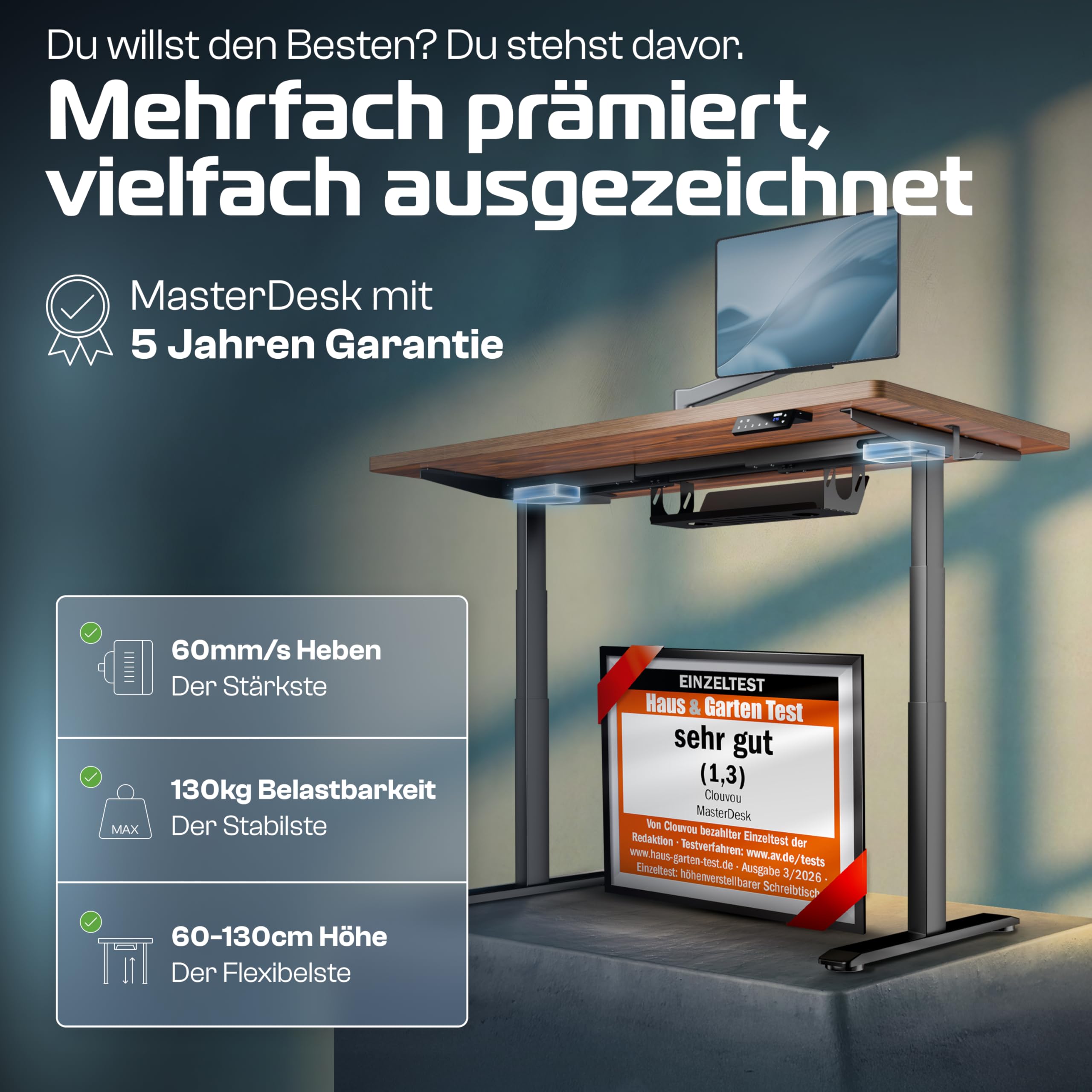 CLOUVOU MasterDesk Höhenverstellbarer Schreibtisch elektrisch 140x70cm [TESTSIEGER] Dual-Motor Schreibtisch höhenverstellbar elektrisch | Elektrischer Schreibtisch mit Memory, 2X USB & Kabelversteck