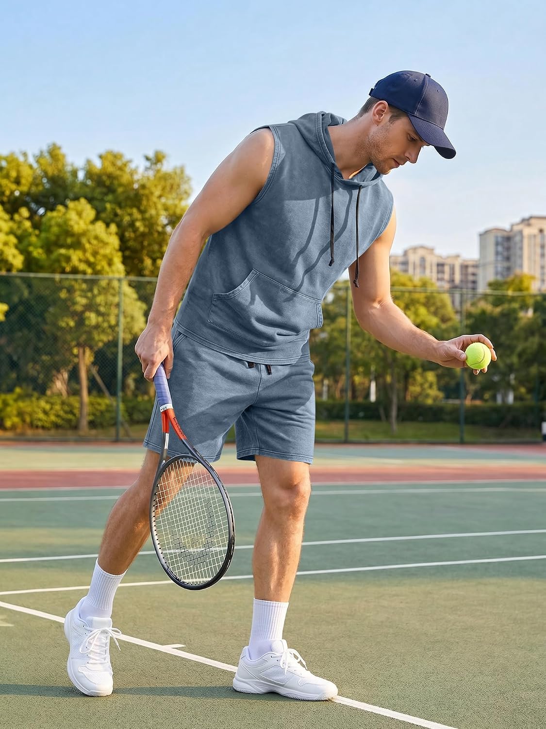 JMIERR Mens Track Suits 2 Piece Set Casual Sleeveless Hoodie Tank Top and Shorts Acid Wash Cotton Gym Sweatsuits