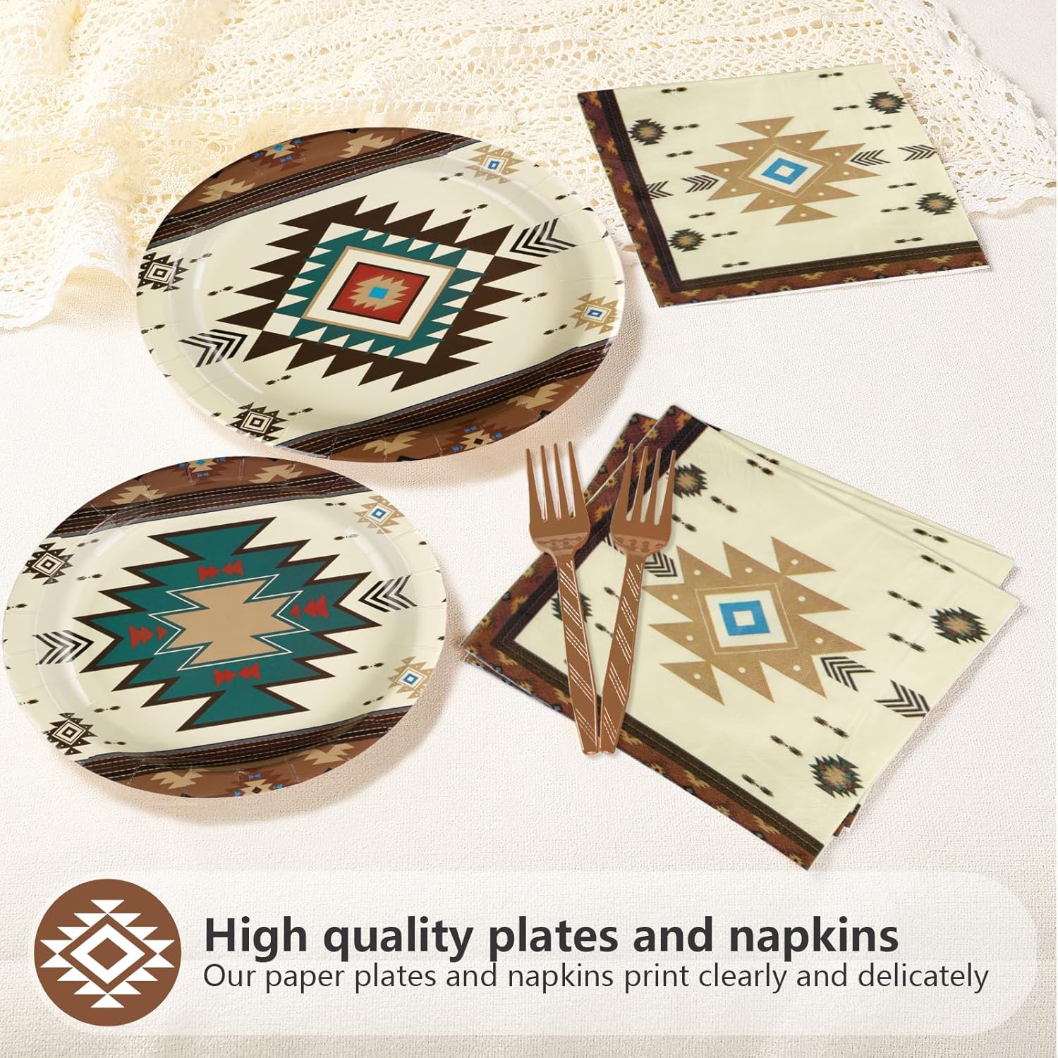 96Pcs Western Aztec Decorations Mexican Geometric Brown Plates and Napkins Native American Decorations Favors for Mexican Theme Vintage Birthday Baby Shower Dinner Party Supplies Serves 24