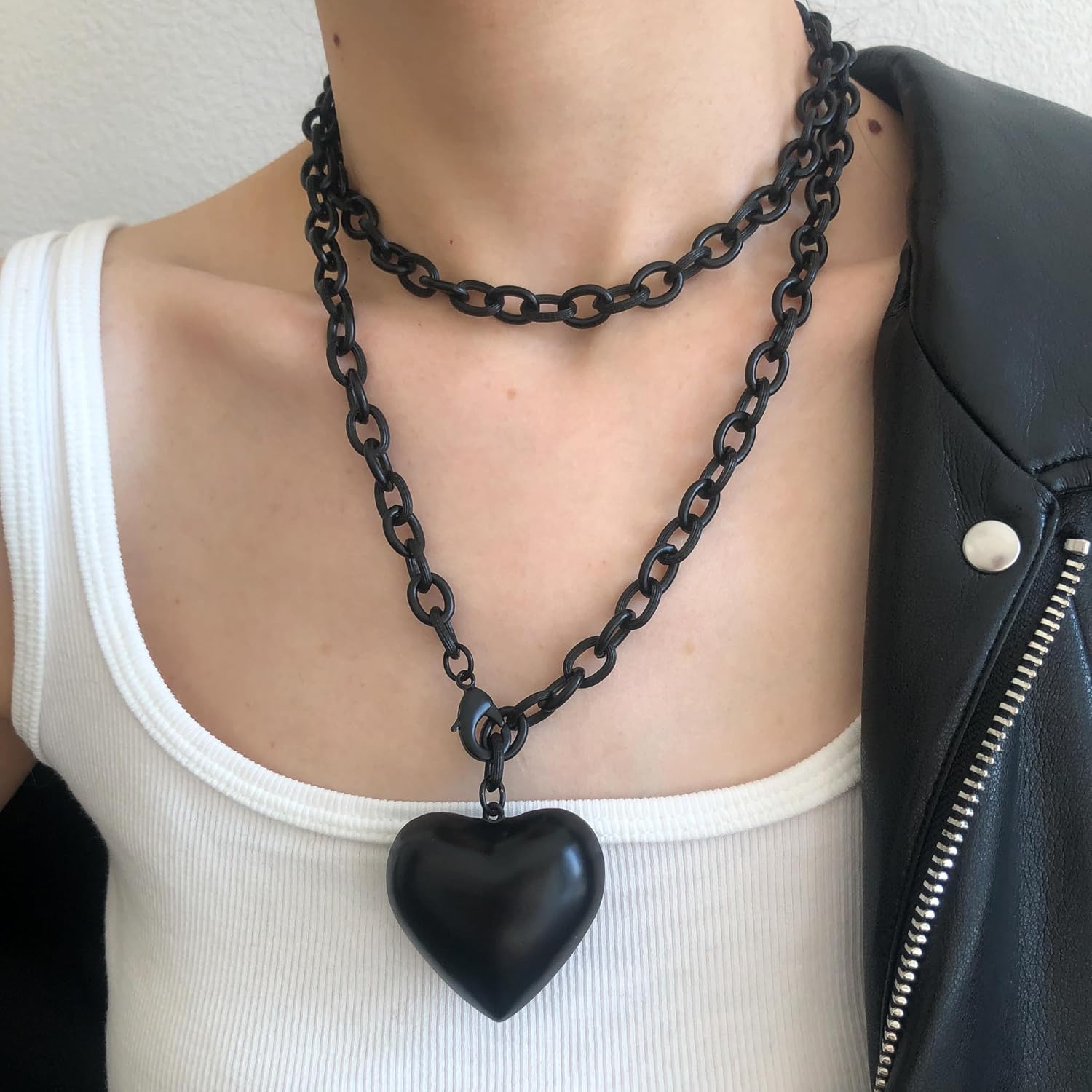 Puffy Heart Pendant Necklace for Women 18K Gold Plated Y2K Statement Jewelry Gift, Adjustable 34.6 Inch Brushed Chunky Chain, Non-Tarnish & Two-Layer Wearable