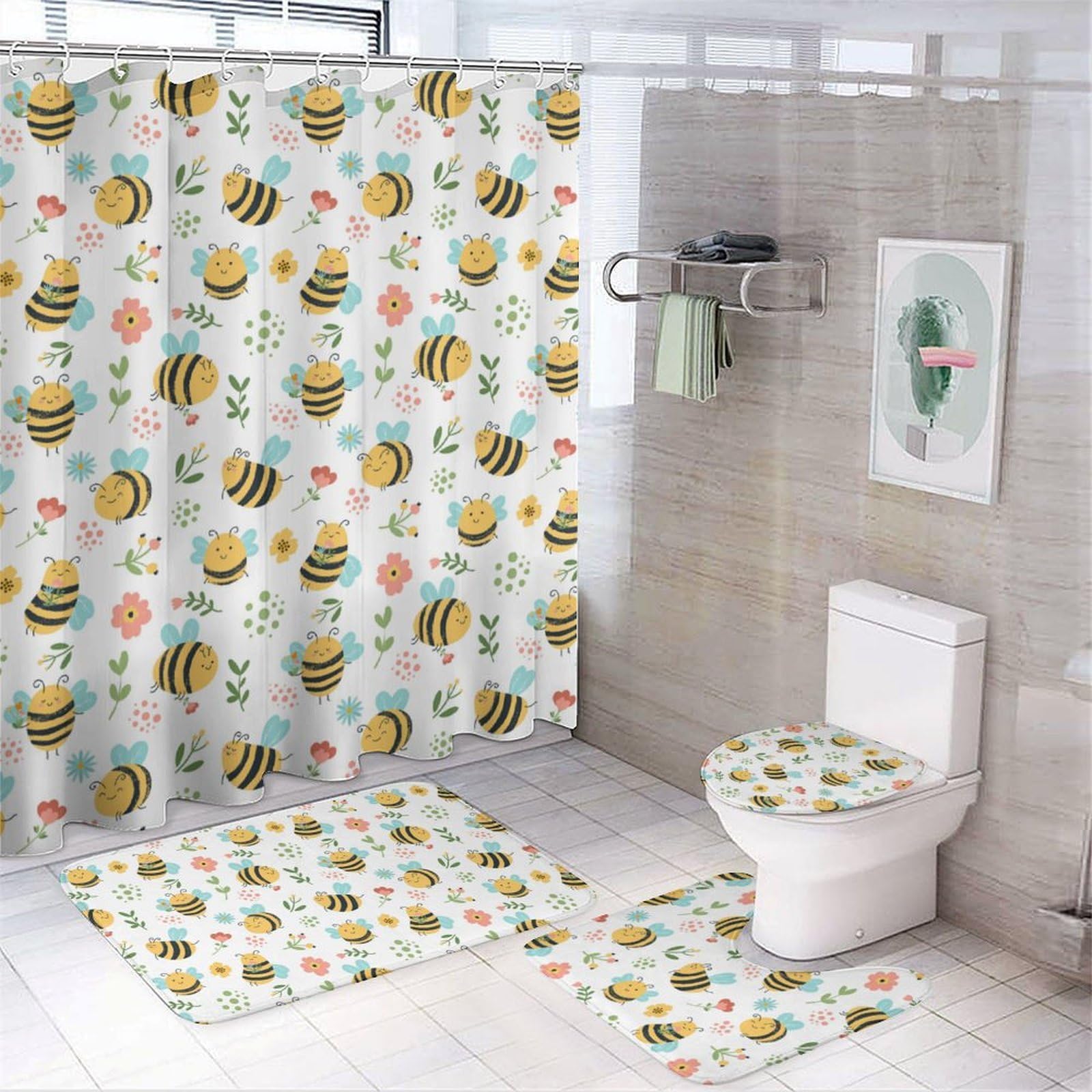 JZemdybill Bathroom Mat Set 4 Piece, Bee Flower Shower Curtain with Non-Slip Bath Mats for Bathroom