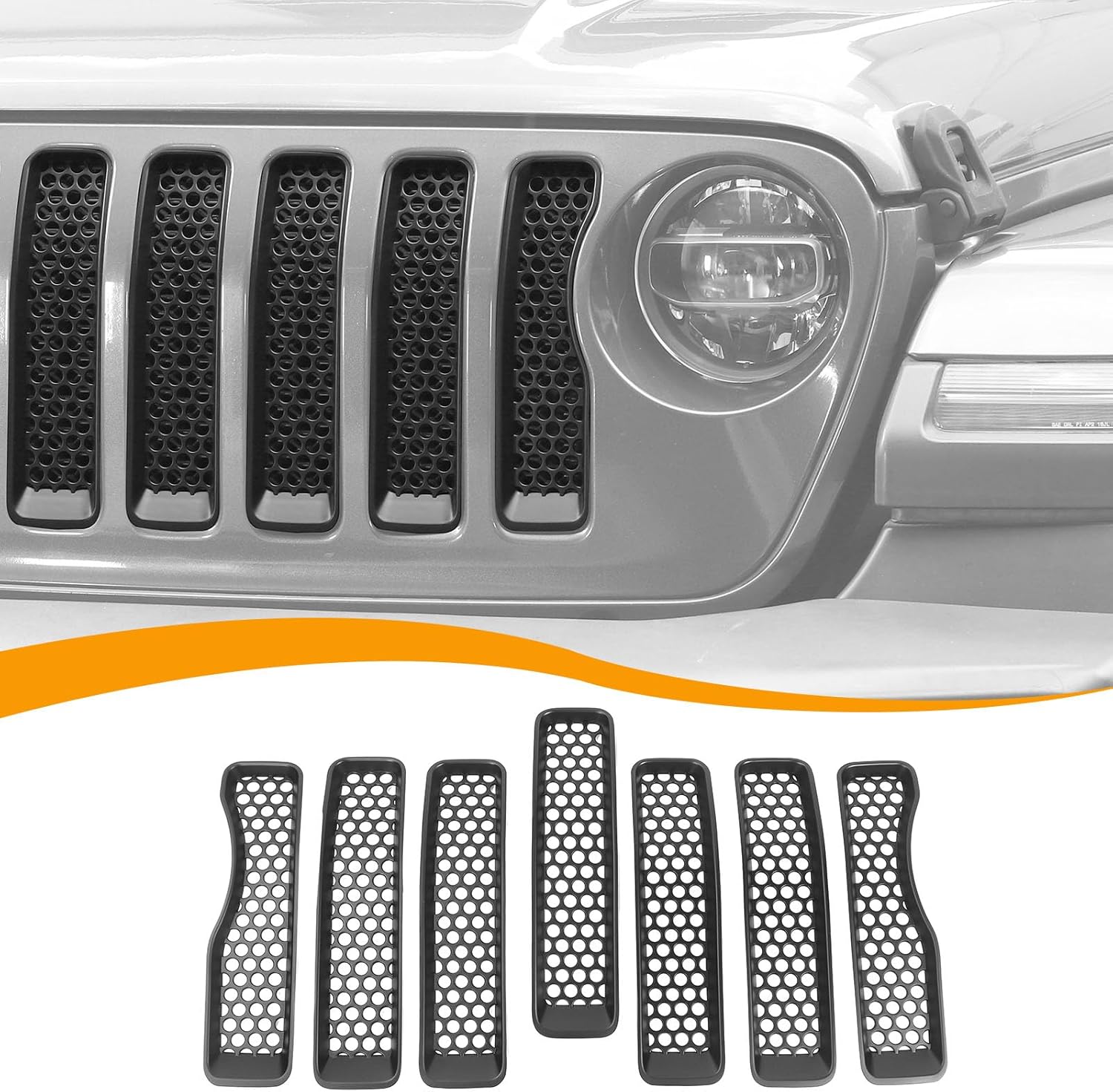 Hoolcar Front Grill Insert Cover Trim Kit Compatible with Jeep Wrangler JL JLU 2018-2024 2025 Front Honeycomb Grille Cover Guard Exterior Accessories, Black, 7 PCs