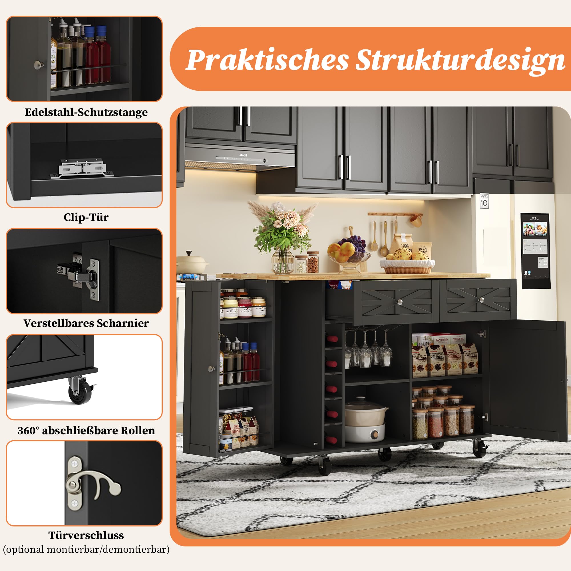 Generisch Isla de cocina plegable con ruedas, espacio de almacenamiento, color negro, 120 x 70 x 89 cm