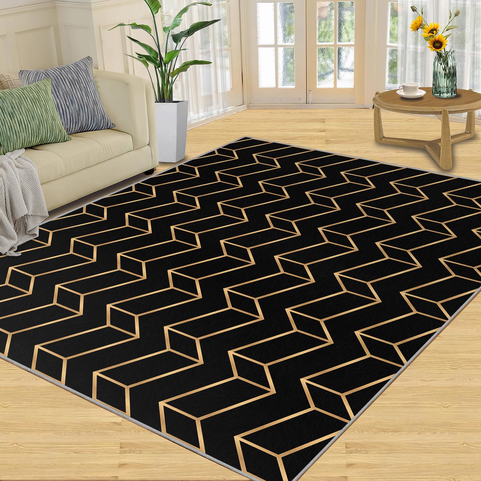 Tapis géométrique 3D, tapis géométrique carré noir et doré, tapis de chambre à coucher doux et pliable pour salon, balcon, terrasse, 150 x 200 cm