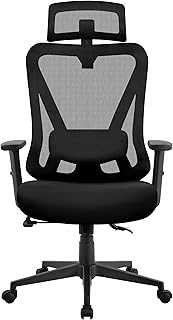 Yaheetech Poltrona/Sedia Ufficio Scrivania Ergonomica Lombare Schienale Reclinabile Bloccabile tra 90° e 130° a Rete Traspirante Braccioli Poggiatesta Regolabili a Ruote Girevole Nera