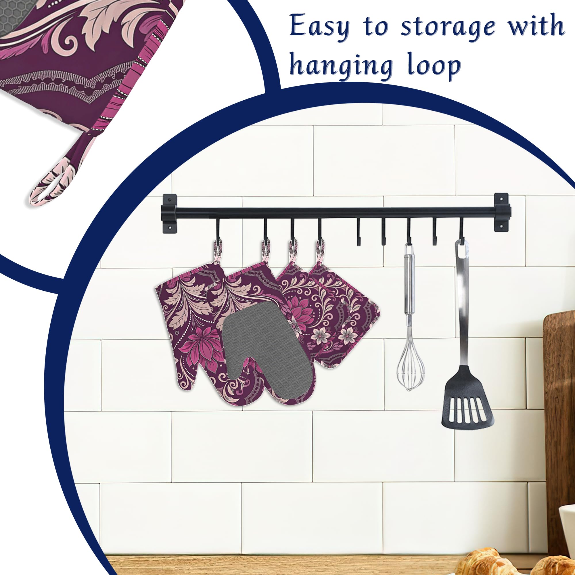 Ofenhandschuhe und Topflappen im Vintage-Stil, Paisleymuster, 4er-Set, violette Blume, hitzebeständige Silikon-Ofenhandschuhe, rutschfeste Küchenhandschuhe, Topflappen zum Kochen, Backen, Grillen