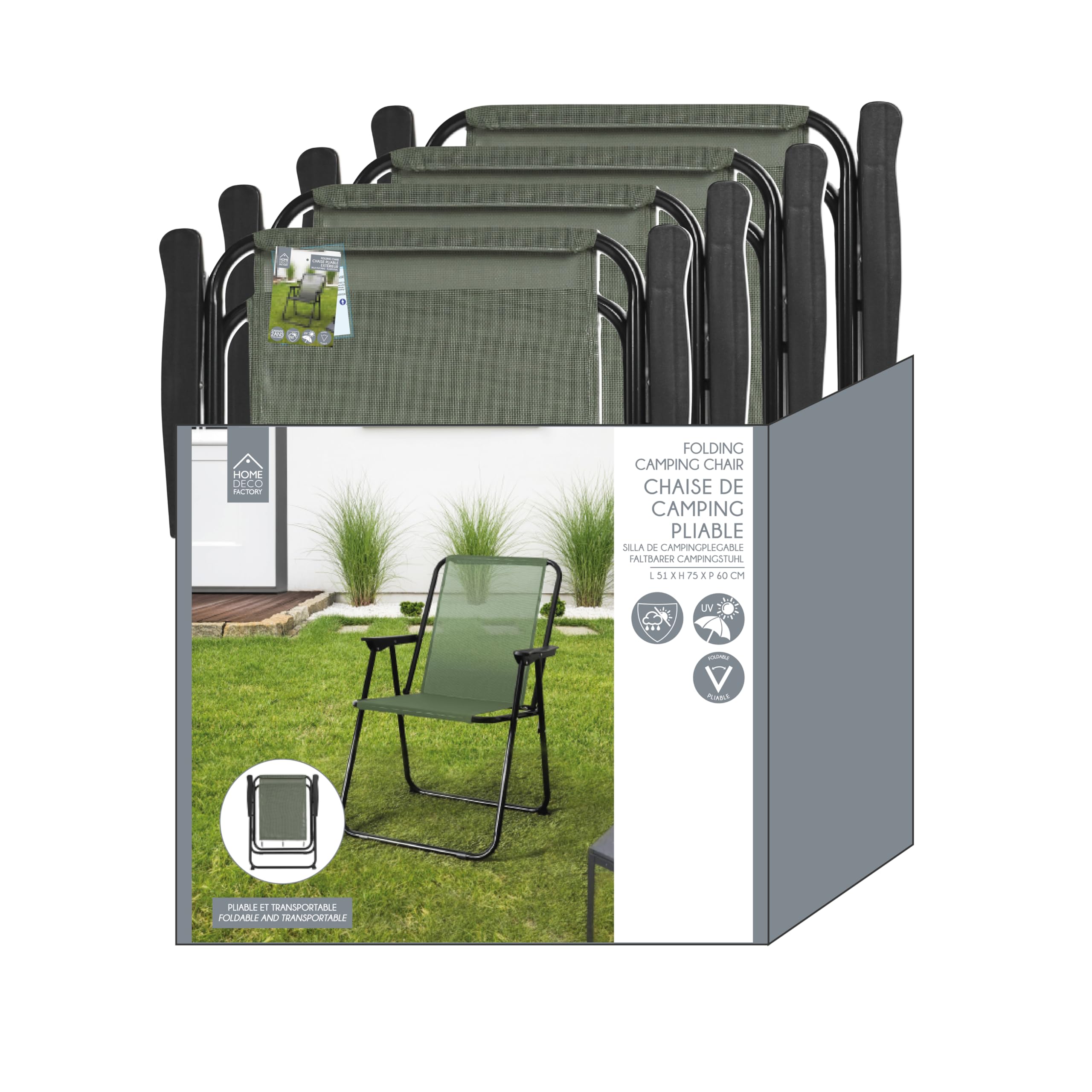 HOME DECO FACTORY - HDO0344 Chaise Pliante Kaki - Mobilier d'Extérieur - Assise d'Extérieur - Dimensions 51 x 75 x 60 cm - Hauteur Assise 36 cm - Traitement UV - Textile Vert