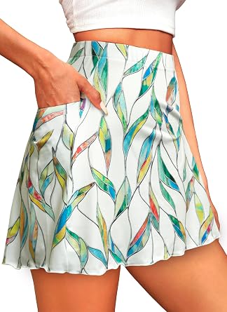 Herou Womens Floral A-Line Mini Skirt - Elastic Waist Stretchy Casual Short Skirt with Pockets