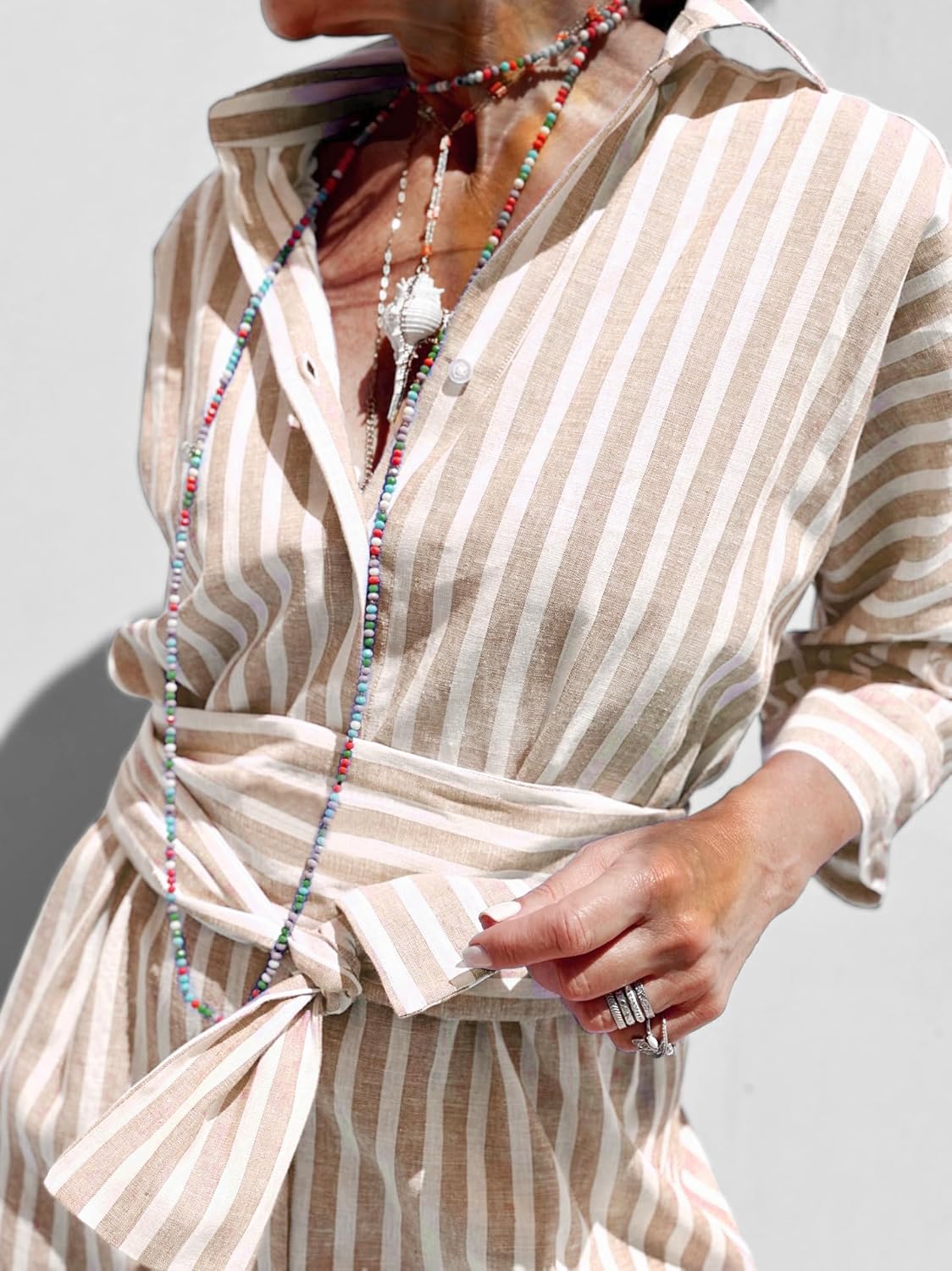 utcoco Womens 2026 Shirt Dress Casual Lapel 3/4 Sleeve Button Down Split Belted Vacation Maxi Dress - Image 6