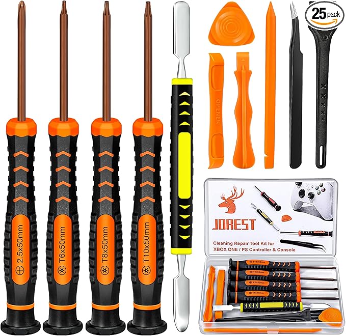 JOREST Repair Kit for Xbox One/360/X PS4 PS3 PS5, PH0 T6 T8 T10 Torx Security Screwdriver, Crowbars,Tweezers, Cleaning Tool for Controller and Console