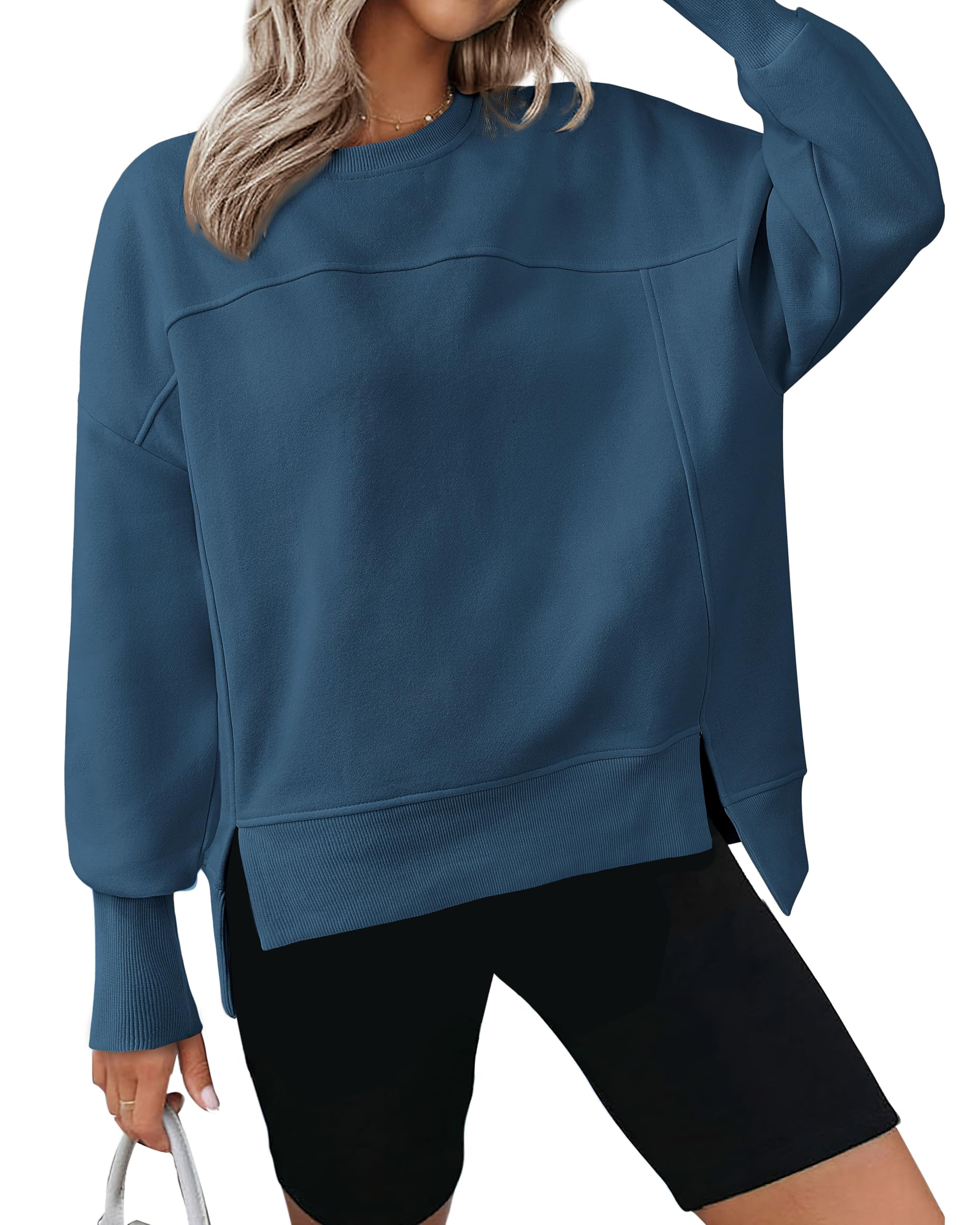 BTFBM Women's Casual Crewneck Sweatshirts 2026 Spring Long Sleeve Side Slit Workout Fleece Pullover Top Fashion Clothing