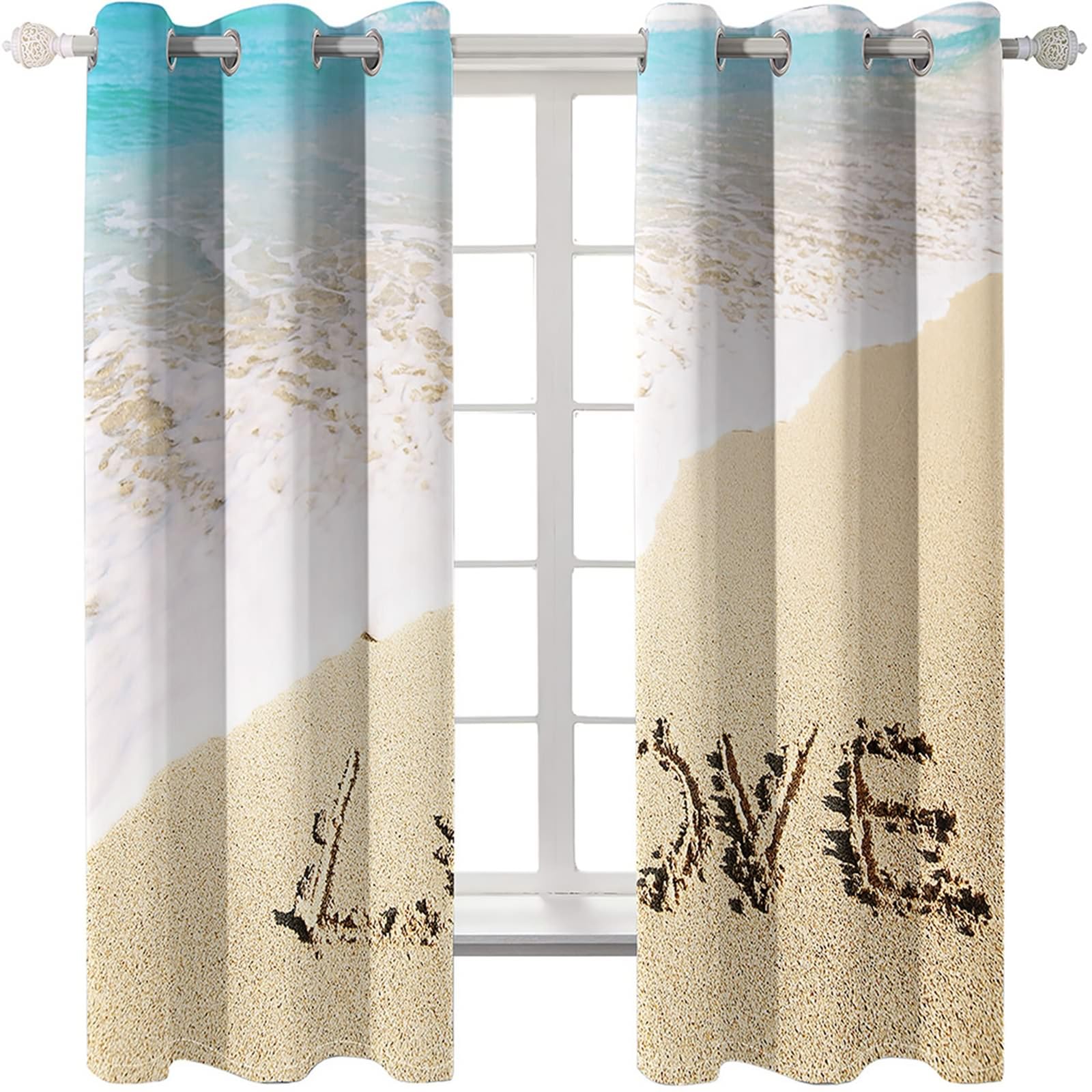 Rideaux Occultants 2 Panneaux, Rideau Interieur Thermique à Oeillets Paysage de Plage Love Rideaux pour Decoration Chambre Salon Intérieurs, 132x214 CM(LxH), Beige Bleu Vert