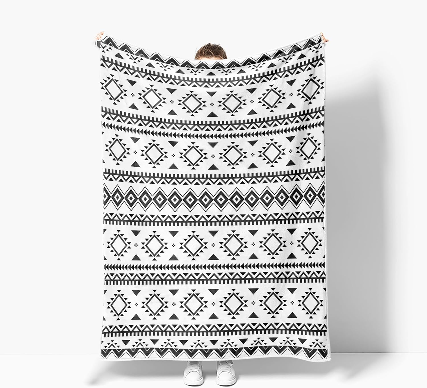 Boho Southwest Aztec Throw Blanket - Soft Black & White Navajo Flannel, 50x60in, Perfect for Couch, Bed, Chair, Living Room, Outdoor & Travel - Image 4