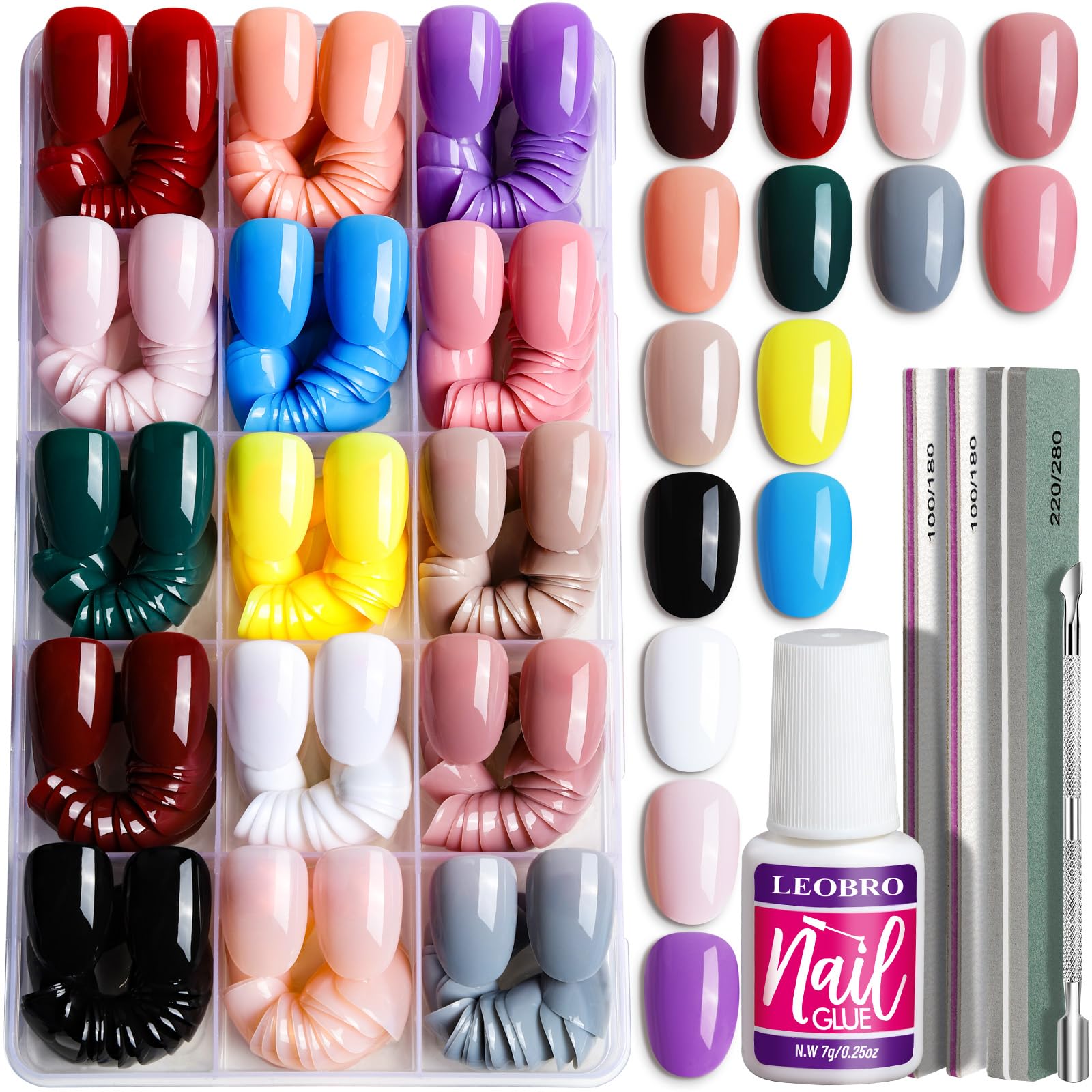 LEOBRO 360Pcs Short Press on Nails Short, Oval Press on nails Short Almond Fake nails, Press on Nails with Nail Glue,False Nails Lightweight Nail Tips Full Cover 12 Sizes